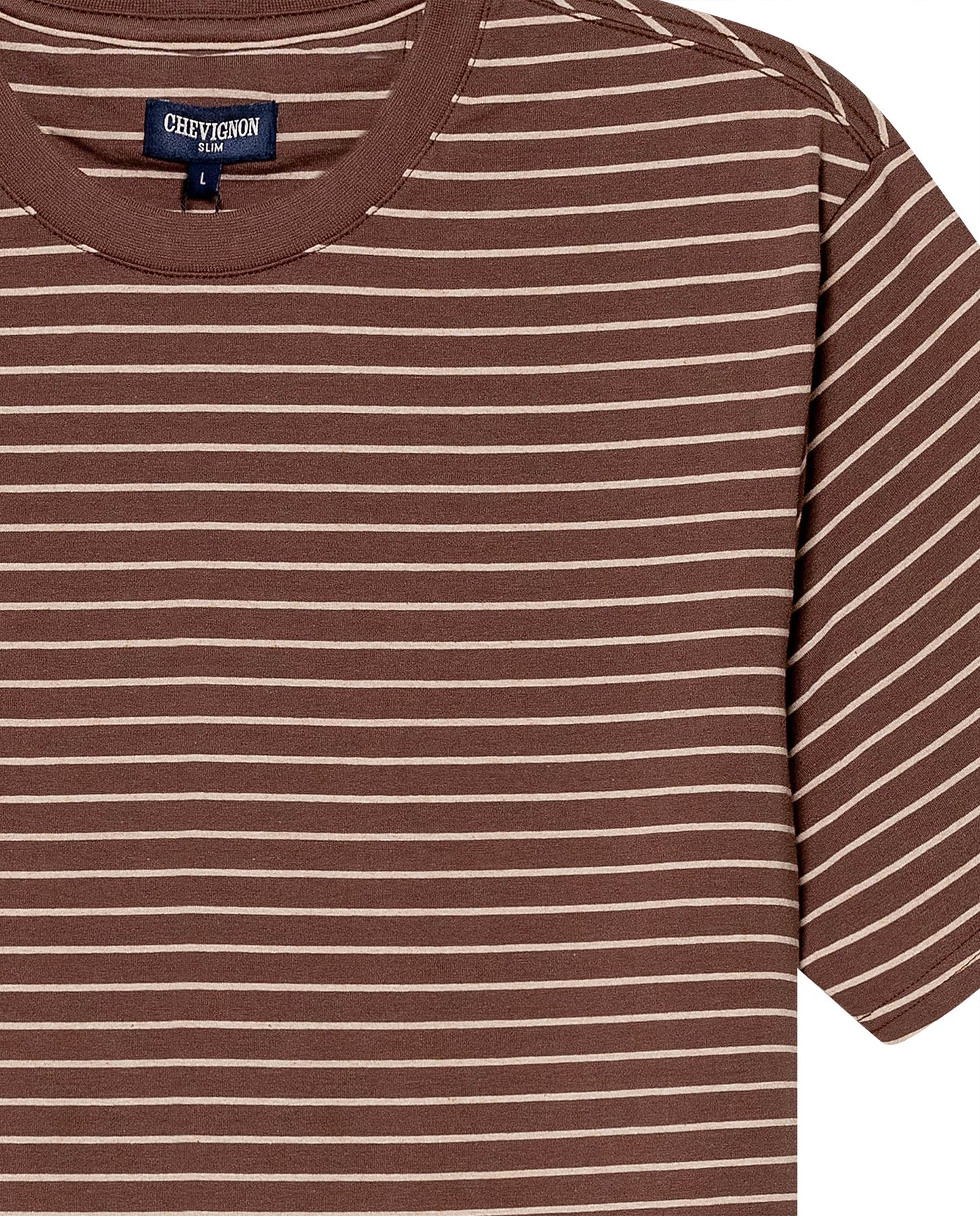 Men's T-Shirt Slim Fit Short Sleeve Cotton Elastane Stripe Fabric Flag Label Side Sleeve Nautical - Brown