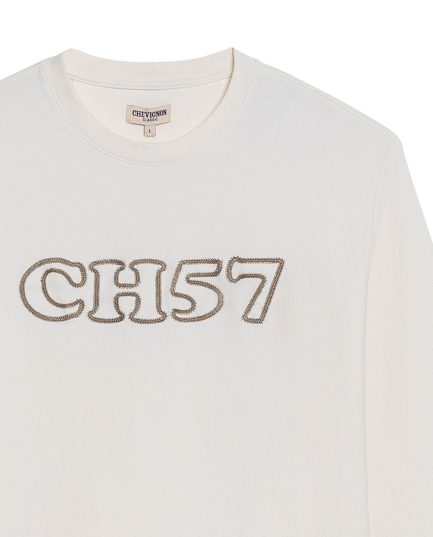 Men's T-Shirt Long Sleeve Classic Fit Cotton Elastane Jersey Heavy Chain Stitch Embroidered Graphic - Raw