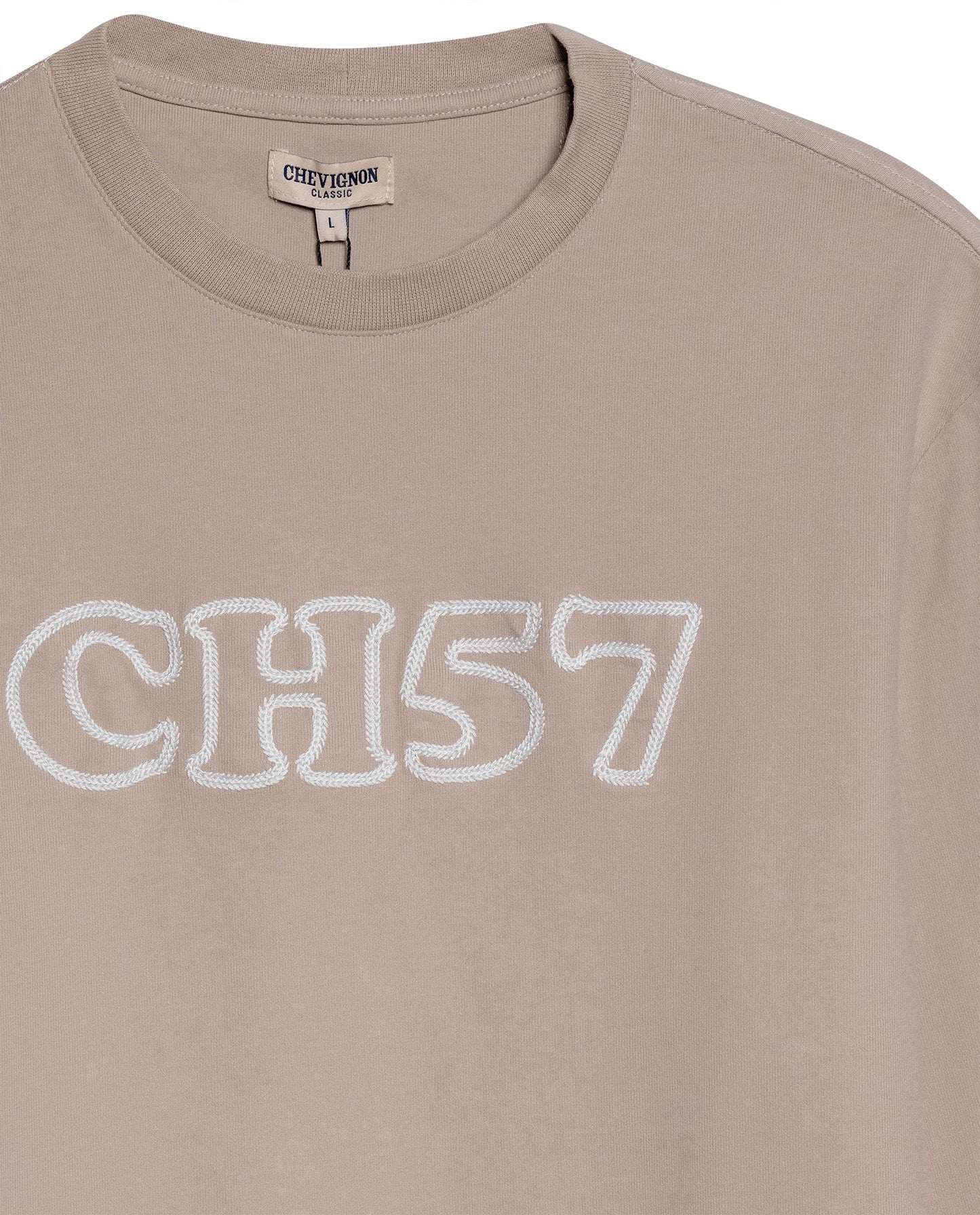 Men's T-Shirt Long Sleeve Classic Fit Cotton Elastane Jersey Heavy Chain Stitch Embroidered Graphic - Gray