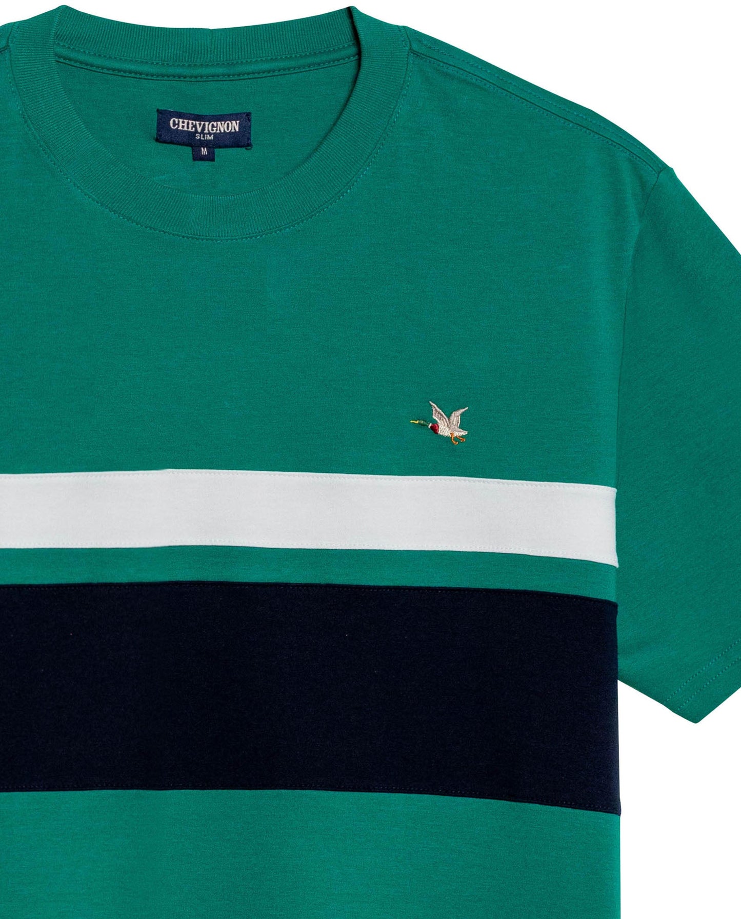 Men's T-Shirt Slim Fit Short Sleeve Cotton Jersey Normalized Varsity Color Blocks Tone on Tone Duck - Green