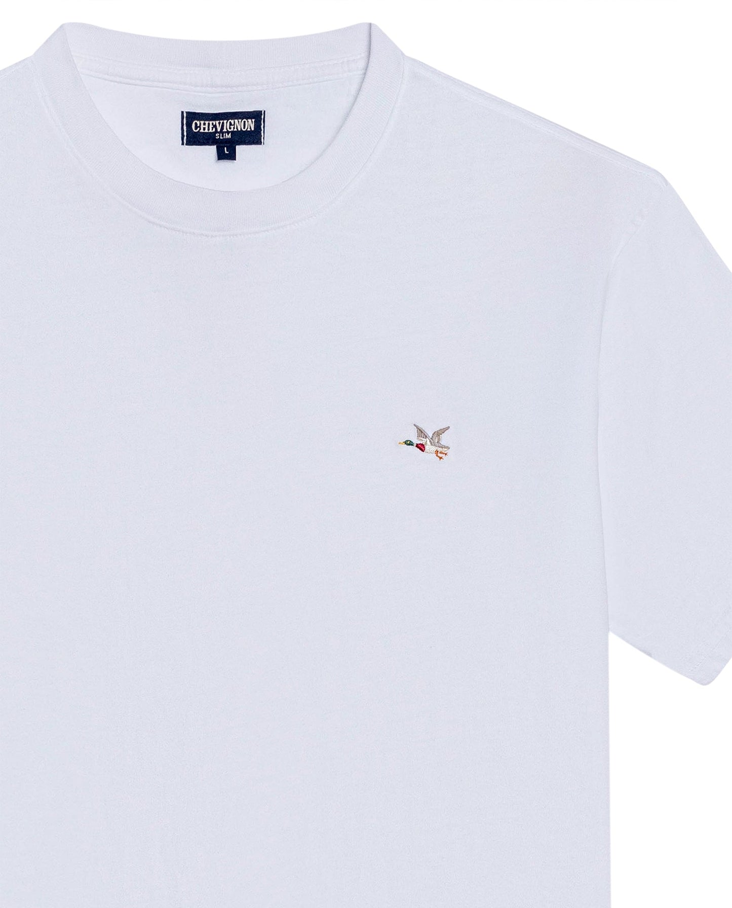 Men's T-Shirt Slim Fit Short Sleeve Crewneck Cotton Vibrant Embroidered Duck Heart Point Chest - White
