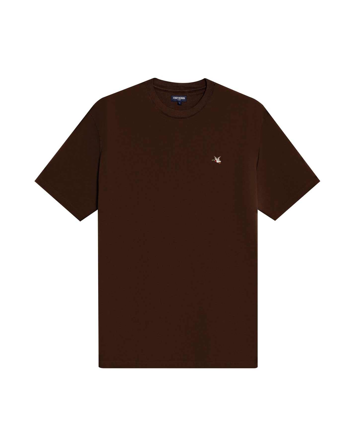 Men's T-Shirt Slim Fit Short Sleeve Crewneck Cotton Vibrant Embroidered Duck Heart Point Chest - Brown