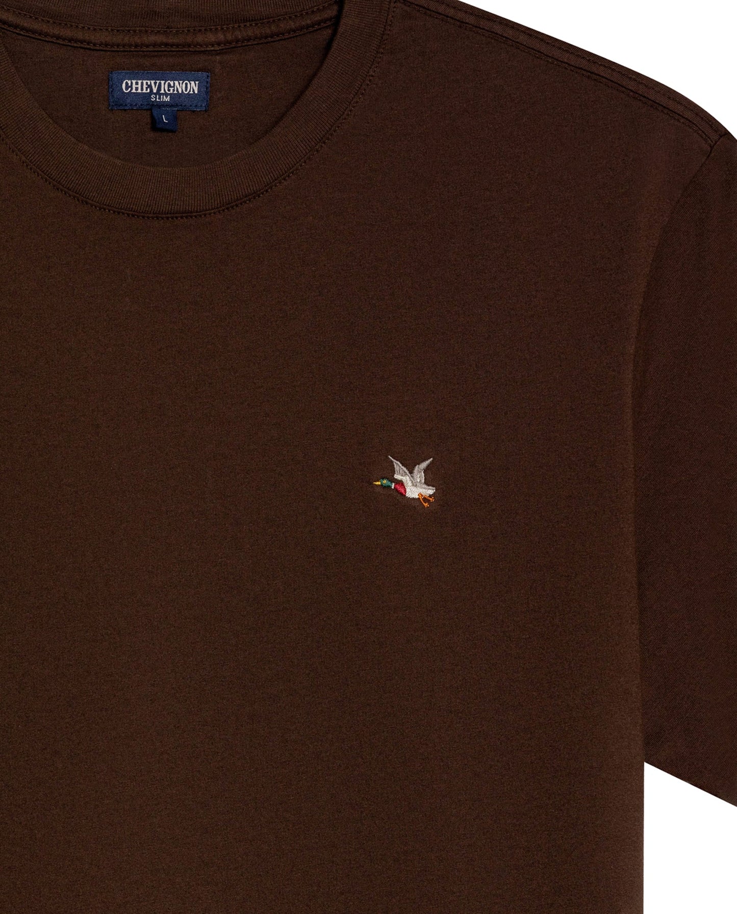 Men's T-Shirt Slim Fit Short Sleeve Crewneck Cotton Vibrant Embroidered Duck Heart Point Chest - Brown
