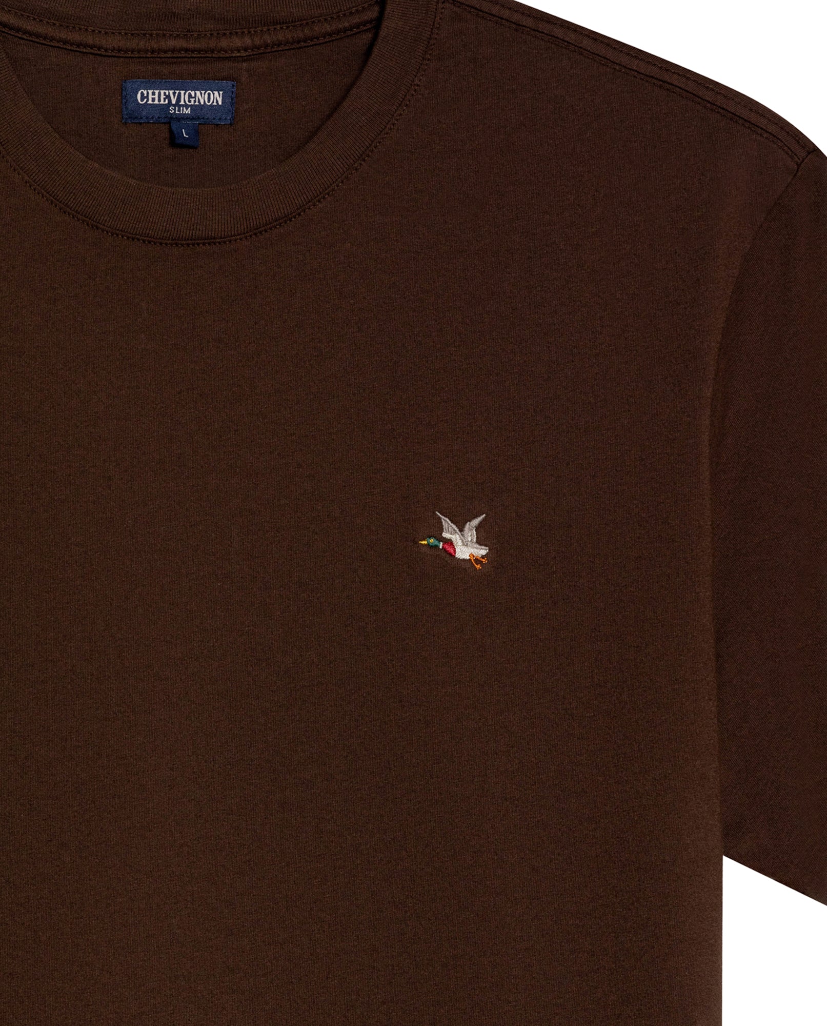 Men's T-Shirt Slim Fit Short Sleeve Crewneck Cotton Vibrant Embroidered Duck Heart Point Chest - Brown