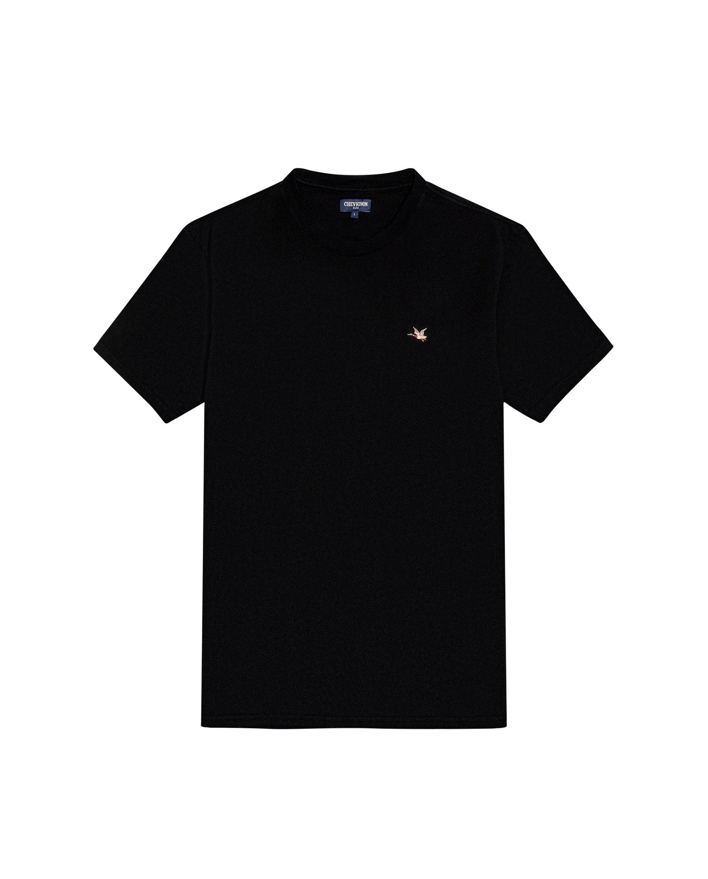 Men's T-Shirt Slim Fit Short Sleeve Crewneck Cotton Vibrant Embroidered Duck Heart Point Chest - Black