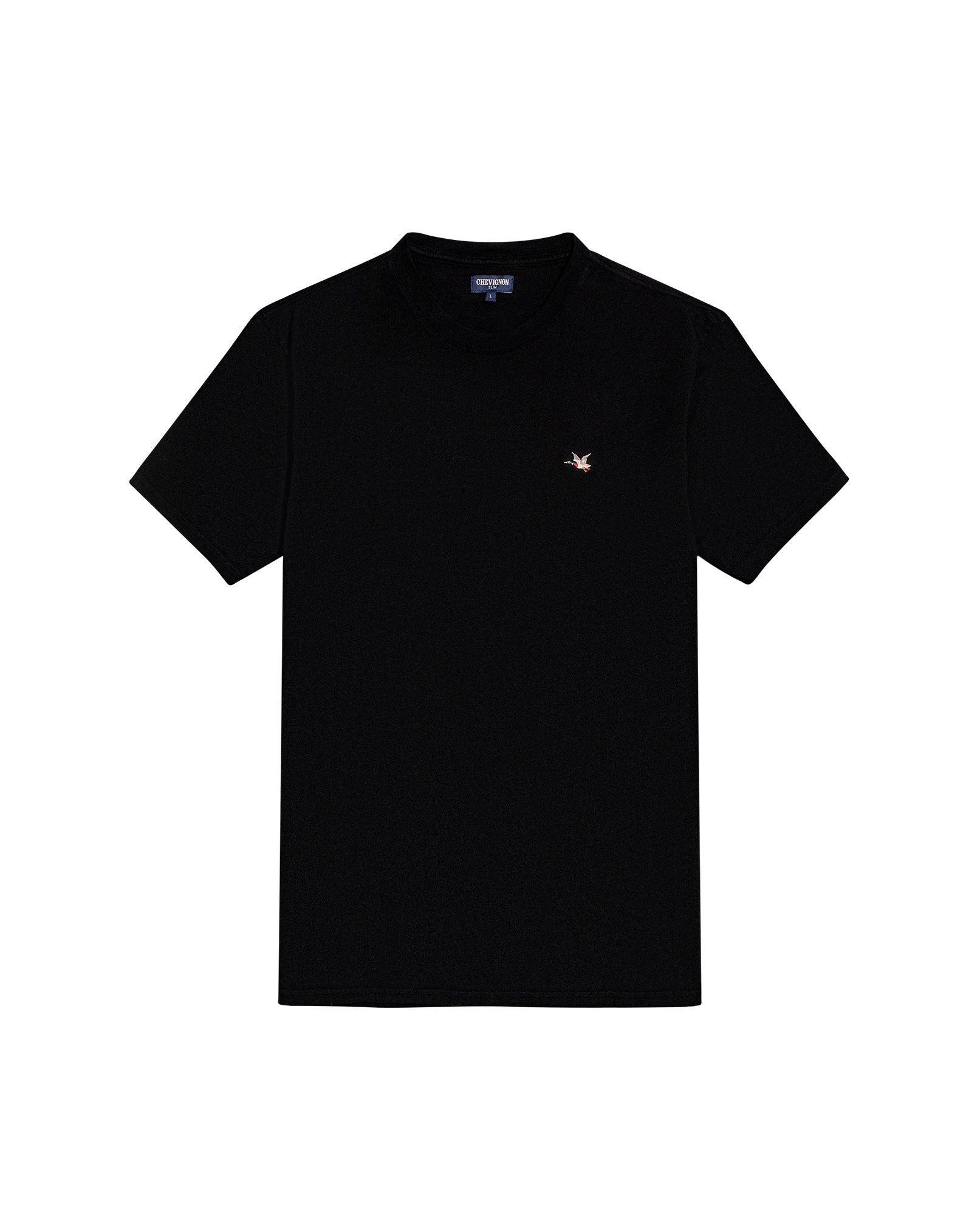 Men's T-Shirt Slim Fit Short Sleeve Crewneck Cotton Vibrant Embroidered Duck Heart Point Chest - Black