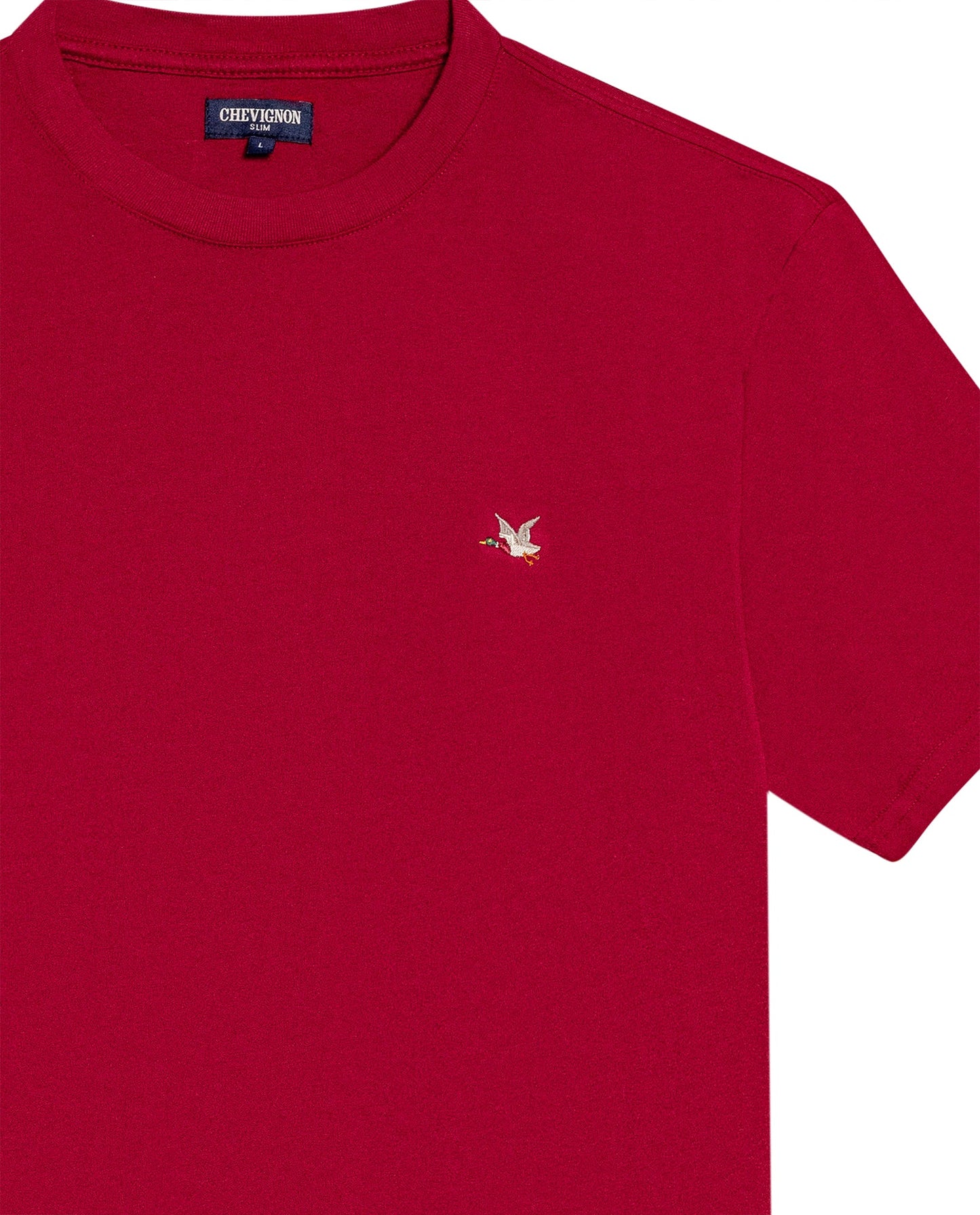 Men's T-Shirt Slim Fit Short Sleeve Crewneck Cotton Vibrant Embroidered Duck Heart Point Chest - Red