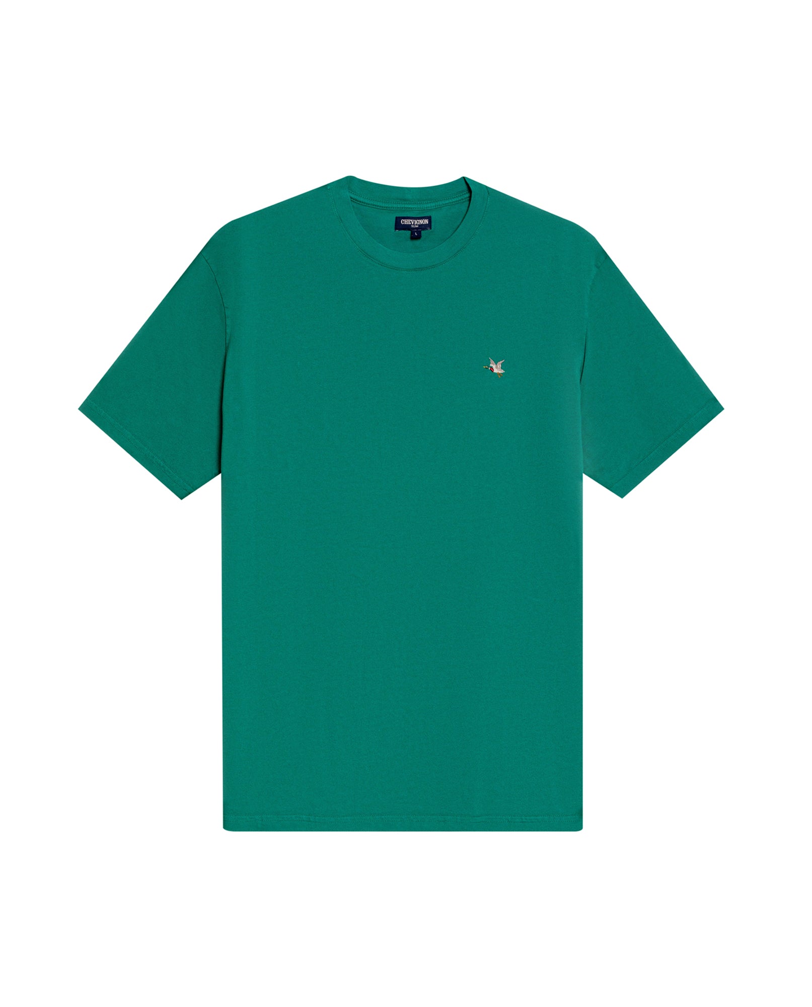 Men's T-Shirt Slim Fit Short Sleeve Crewneck Cotton Vibrant Embroidered Duck Heart Point Chest - Green
