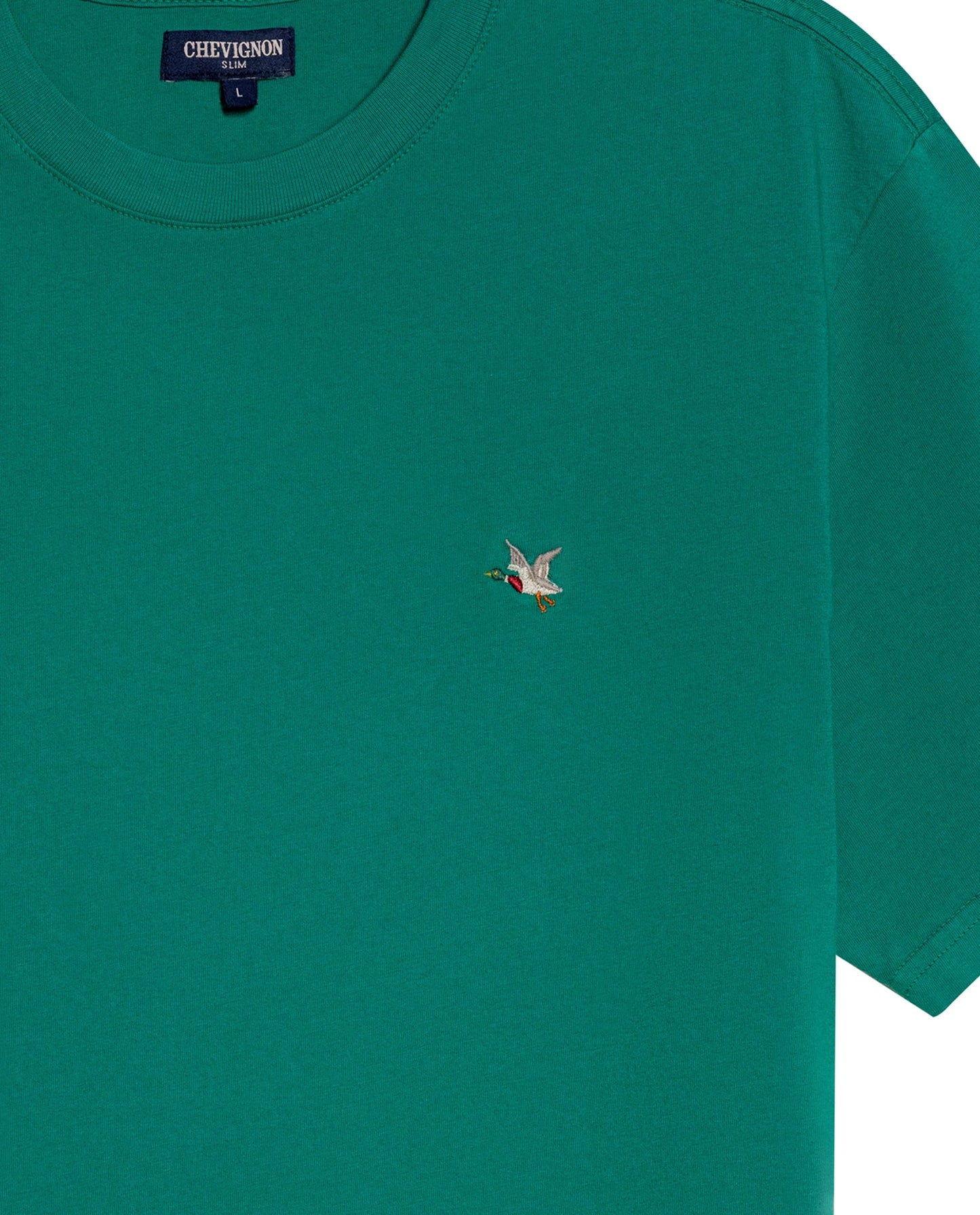 Men's T-Shirt Slim Fit Short Sleeve Crewneck Cotton Vibrant Embroidered Duck Heart Point Chest - Green