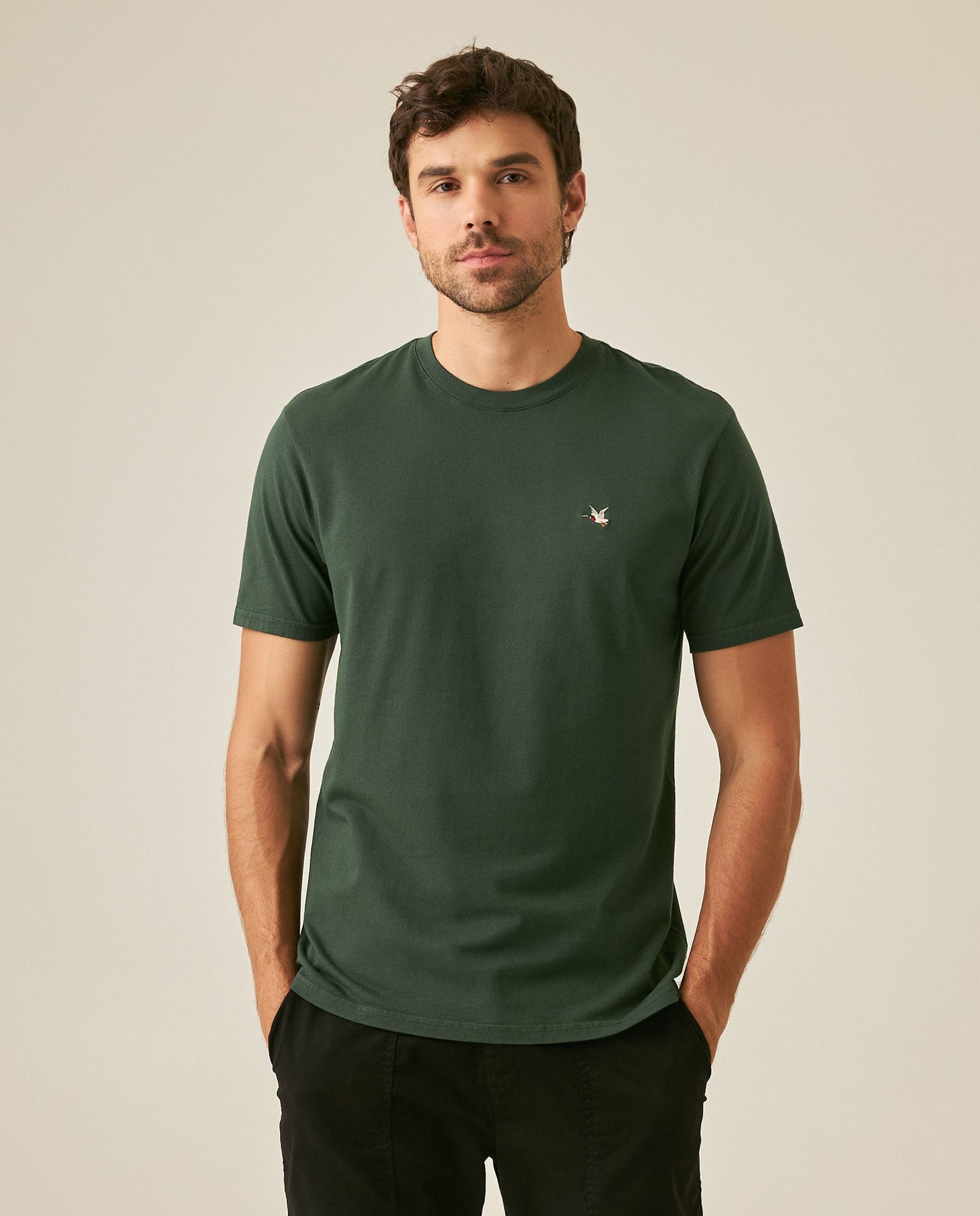Men's T-Shirt Slim Fit Short Sleeve Crewneck Cotton Vibrant Embroidered Duck Heart Point Chest - Dark Green