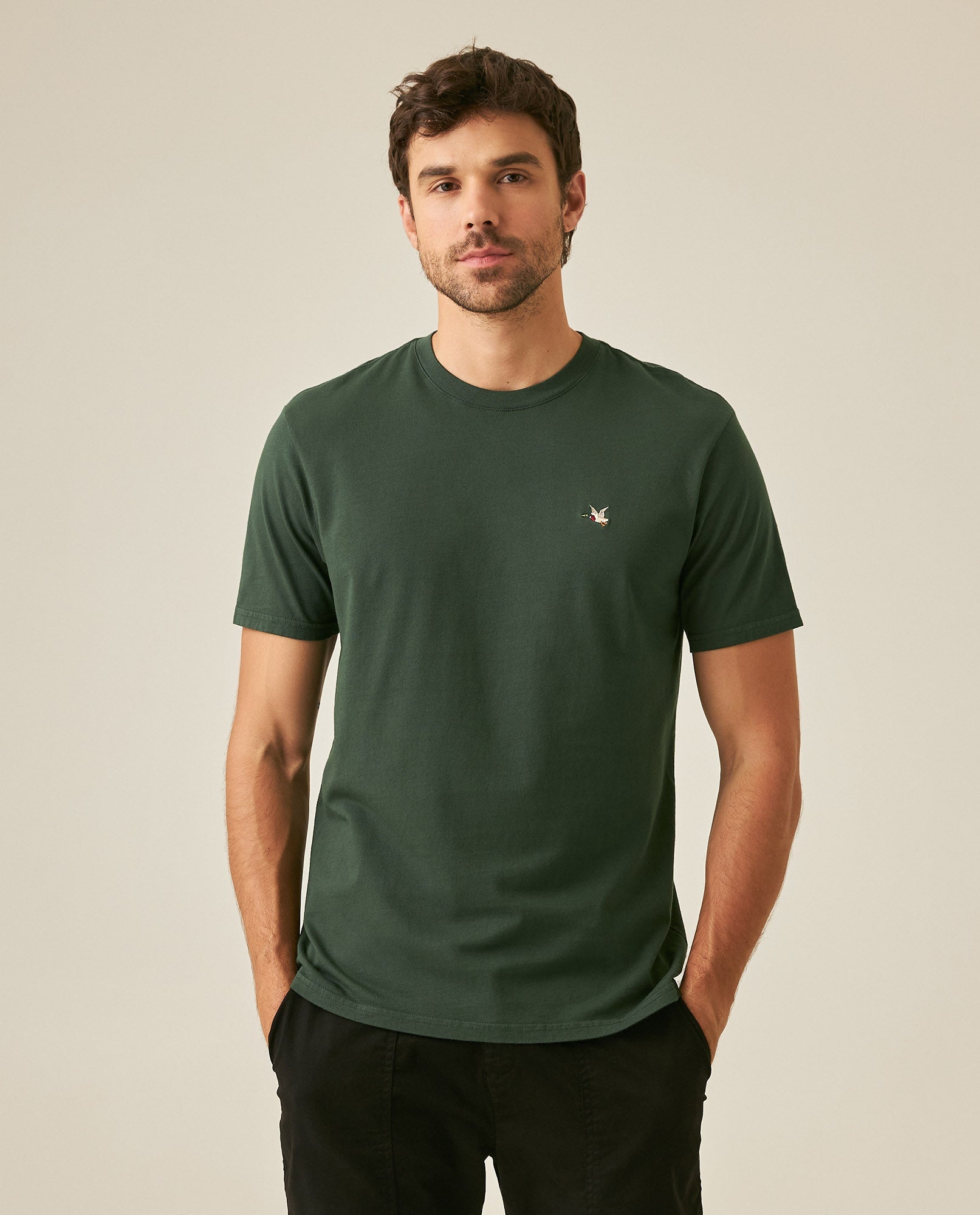 Men's T-Shirt Slim Fit Short Sleeve Crewneck Cotton Vibrant Embroidered Duck Heart Point Chest - Dark Green