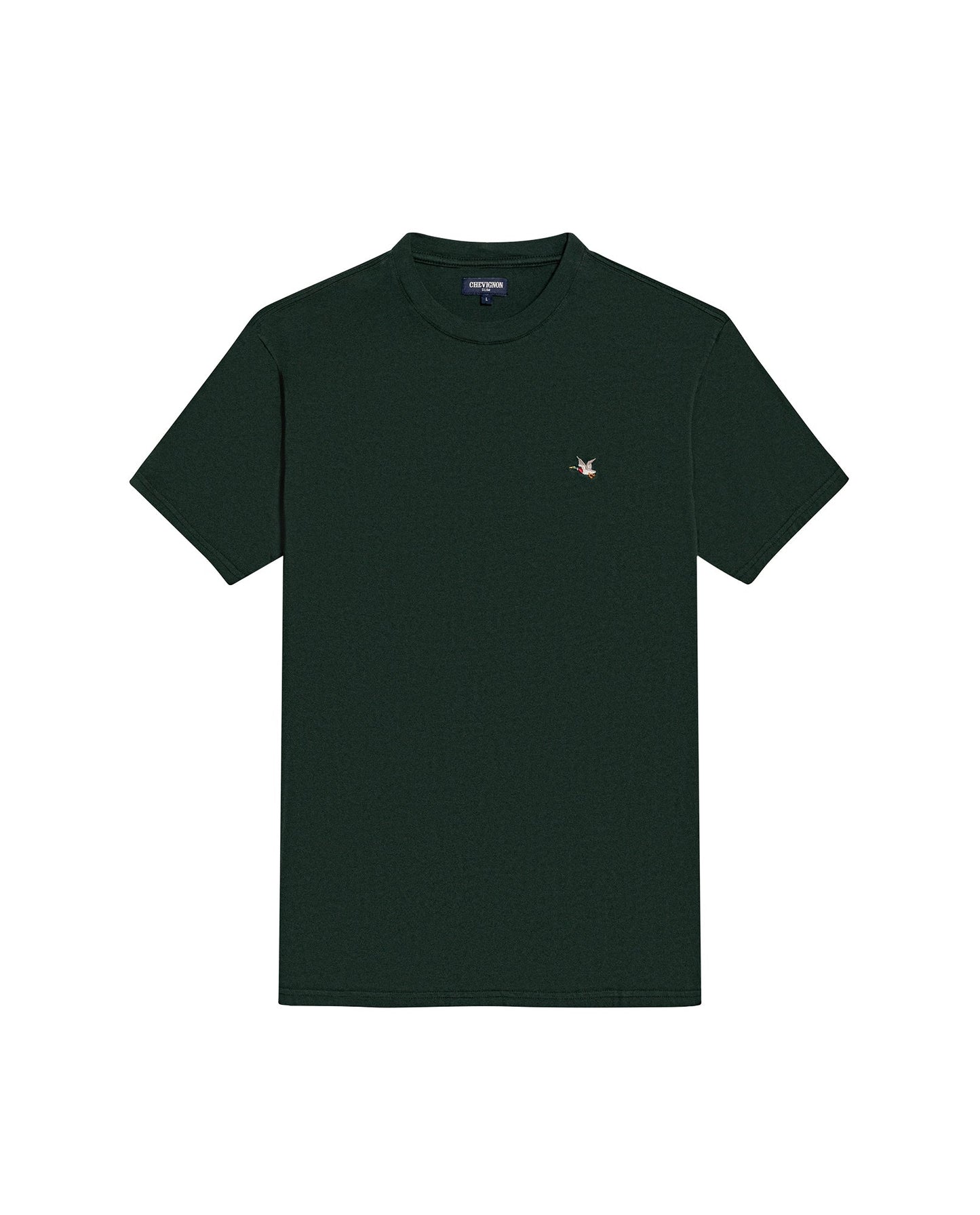 Men's T-Shirt Slim Fit Short Sleeve Crewneck Cotton Vibrant Embroidered Duck Heart Point Chest - Dark Green