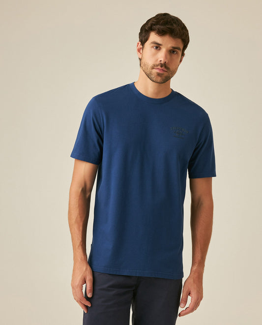 Men's T-Shirt Classic Fit Short Sleeve Cotton Elastane Piqué-Honeycomb Fabric Localized Graphic Red Vent Details - Blue