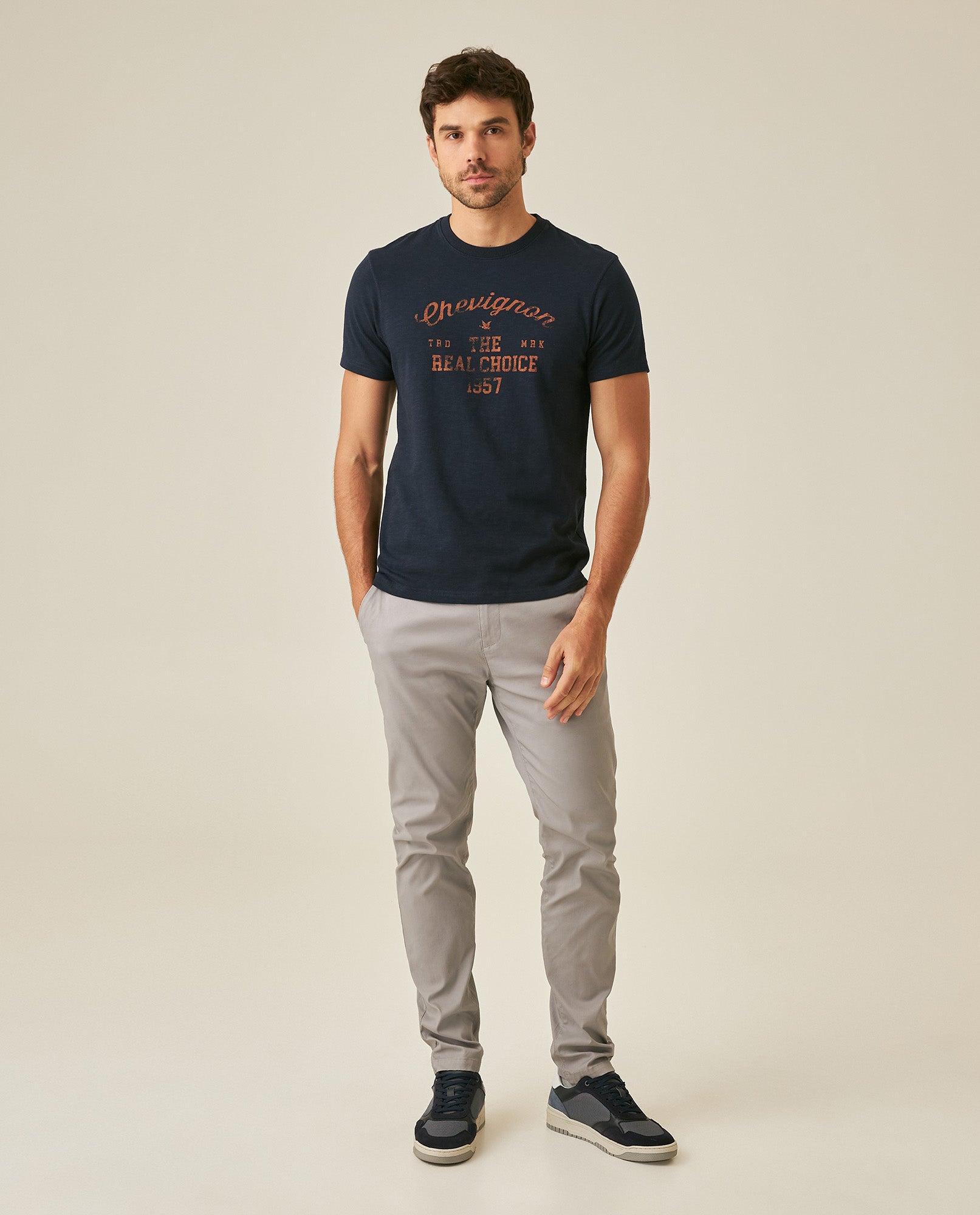 Men's T-Shirt Slim Fit Short Sleeve Cotton Subtle Slub Heavy Rib Collar Printed Front Graphic Seam Details - Blue