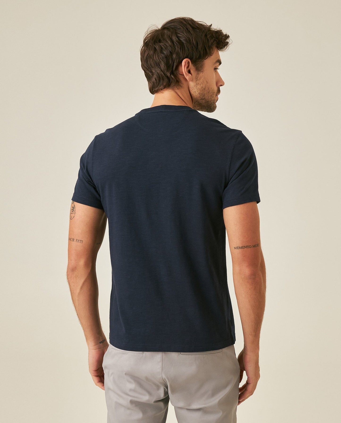 Men's T-Shirt Slim Fit Short Sleeve Cotton Subtle Slub Heavy Rib Collar Printed Front Graphic Seam Details - Blue