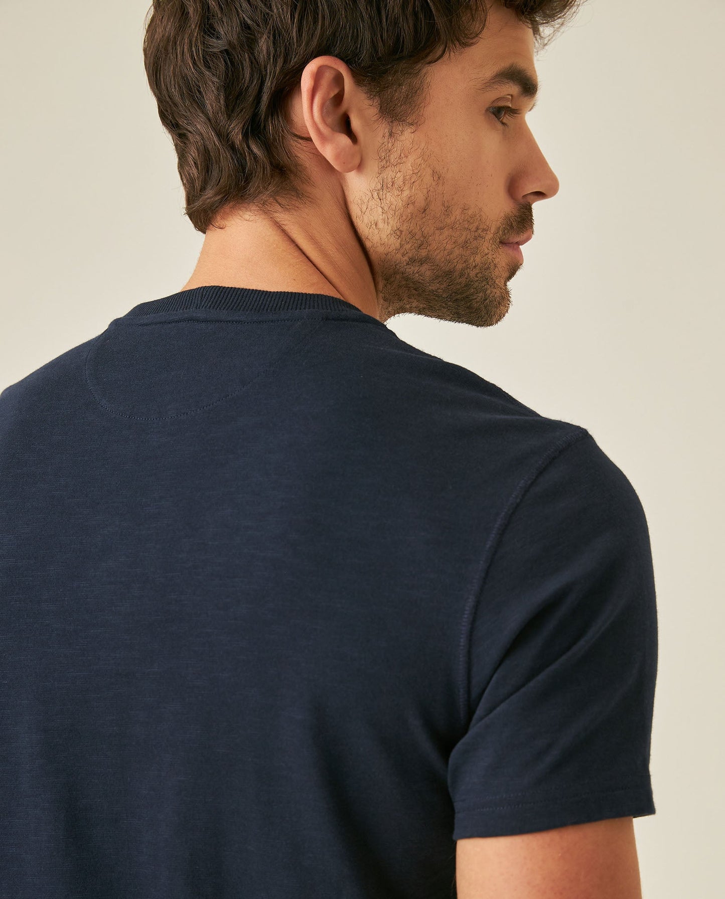Men's T-Shirt Slim Fit Short Sleeve Cotton Subtle Slub Heavy Rib Collar Printed Front Graphic Seam Details - Blue