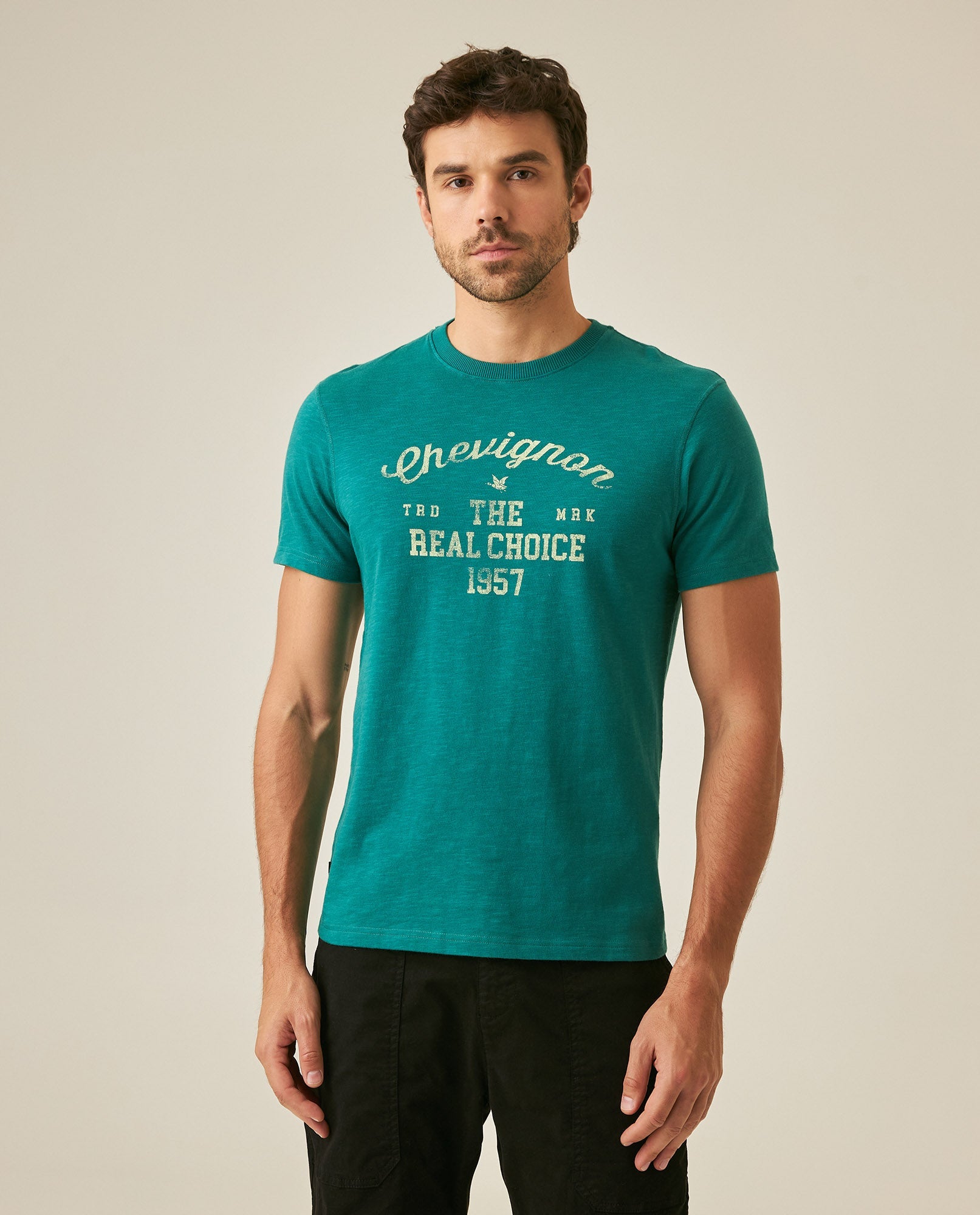 Men's T-Shirt Slim Fit Short Sleeve Cotton Subtle Slub Heavy Rib Collar Printed Front Graphic Seam Details - Green
