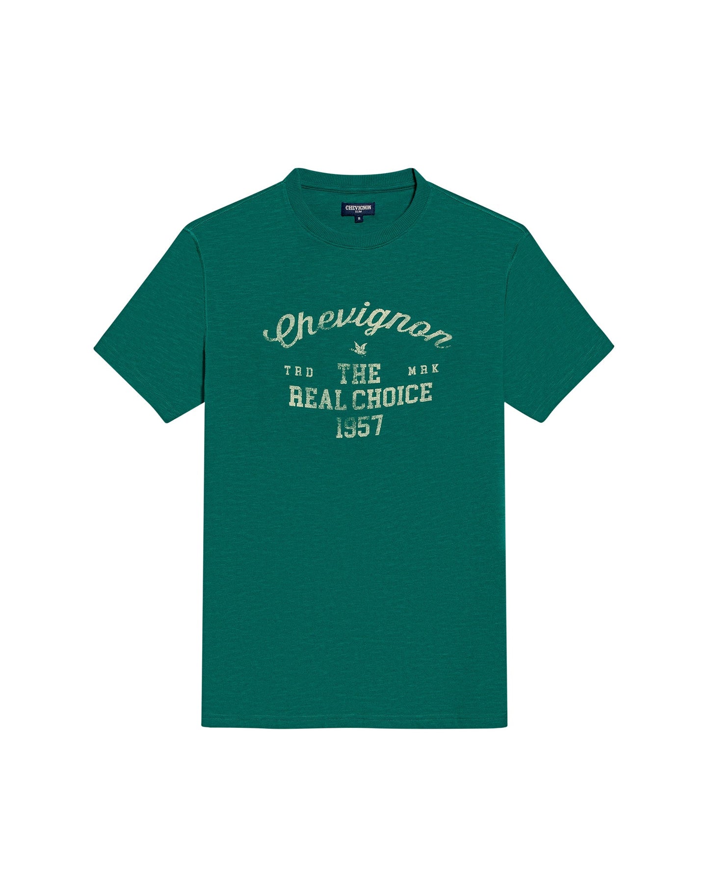Men's T-Shirt Slim Fit Short Sleeve Cotton Subtle Slub Heavy Rib Collar Printed Front Graphic Seam Details - Green