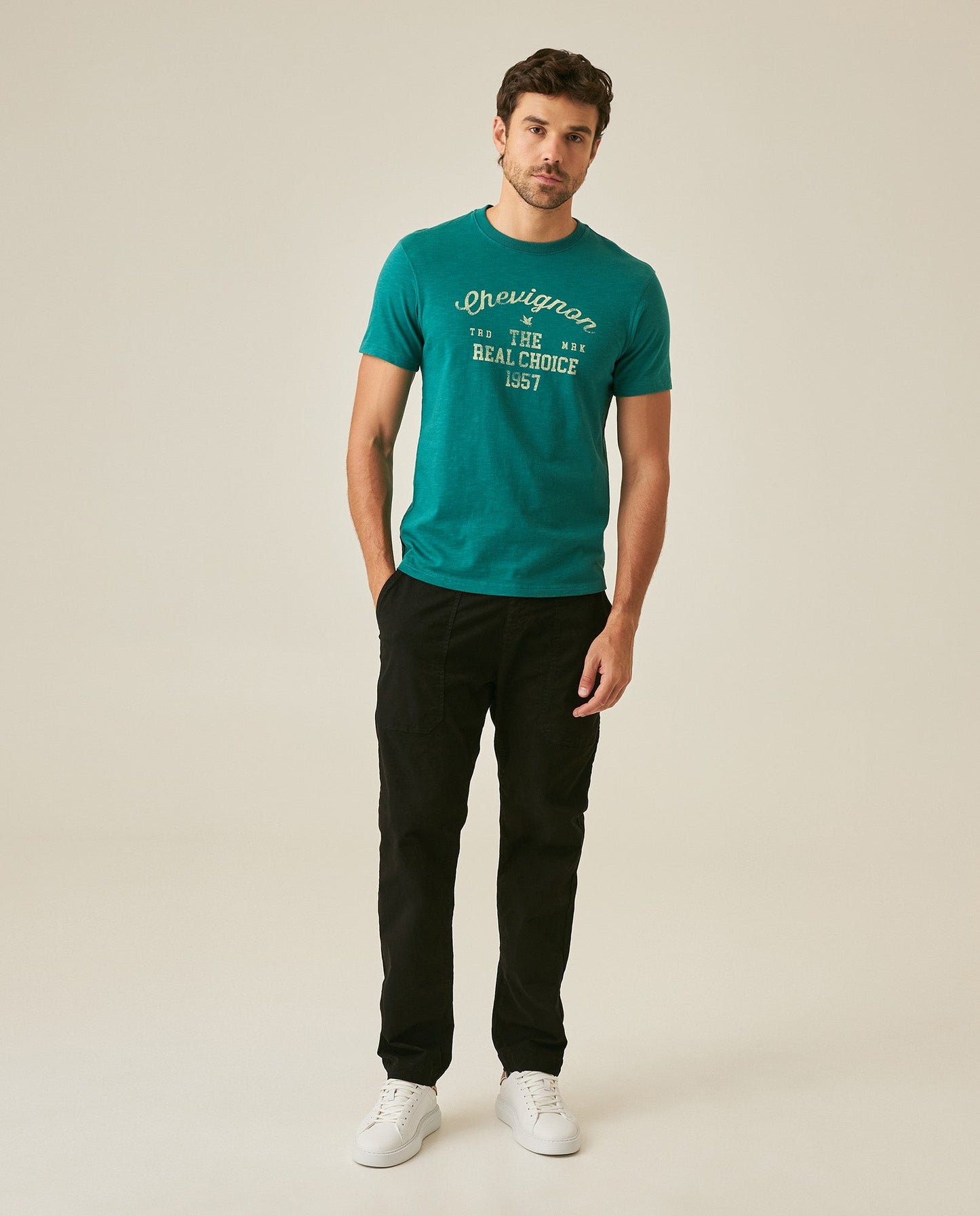 Men's T-Shirt Slim Fit Short Sleeve Cotton Subtle Slub Heavy Rib Collar Printed Front Graphic Seam Details - Green