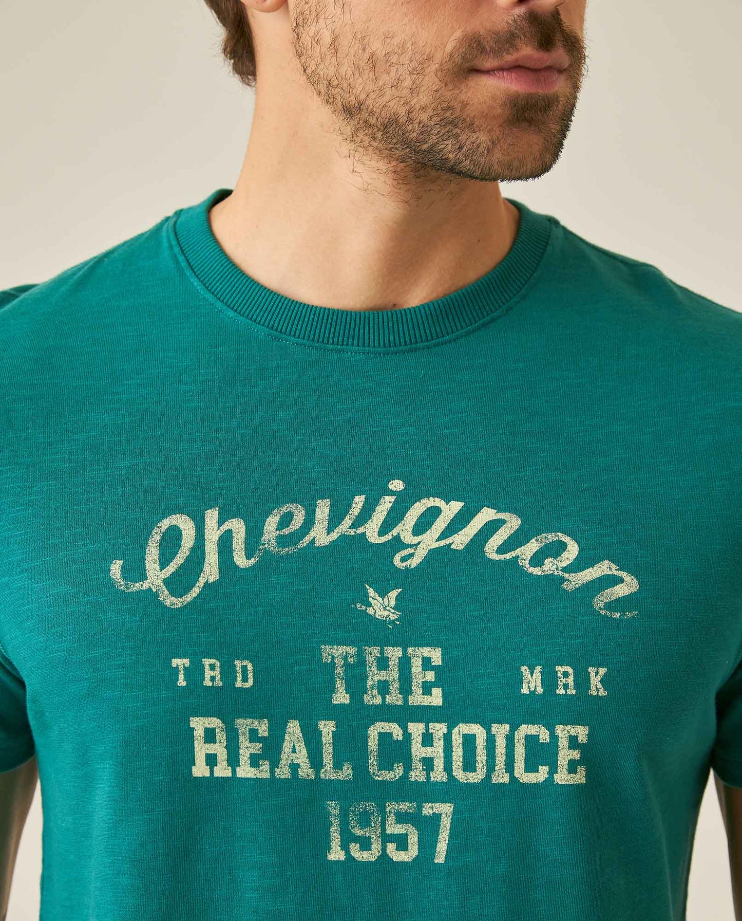 Men's T-Shirt Slim Fit Short Sleeve Cotton Subtle Slub Heavy Rib Collar Printed Front Graphic Seam Details - Green