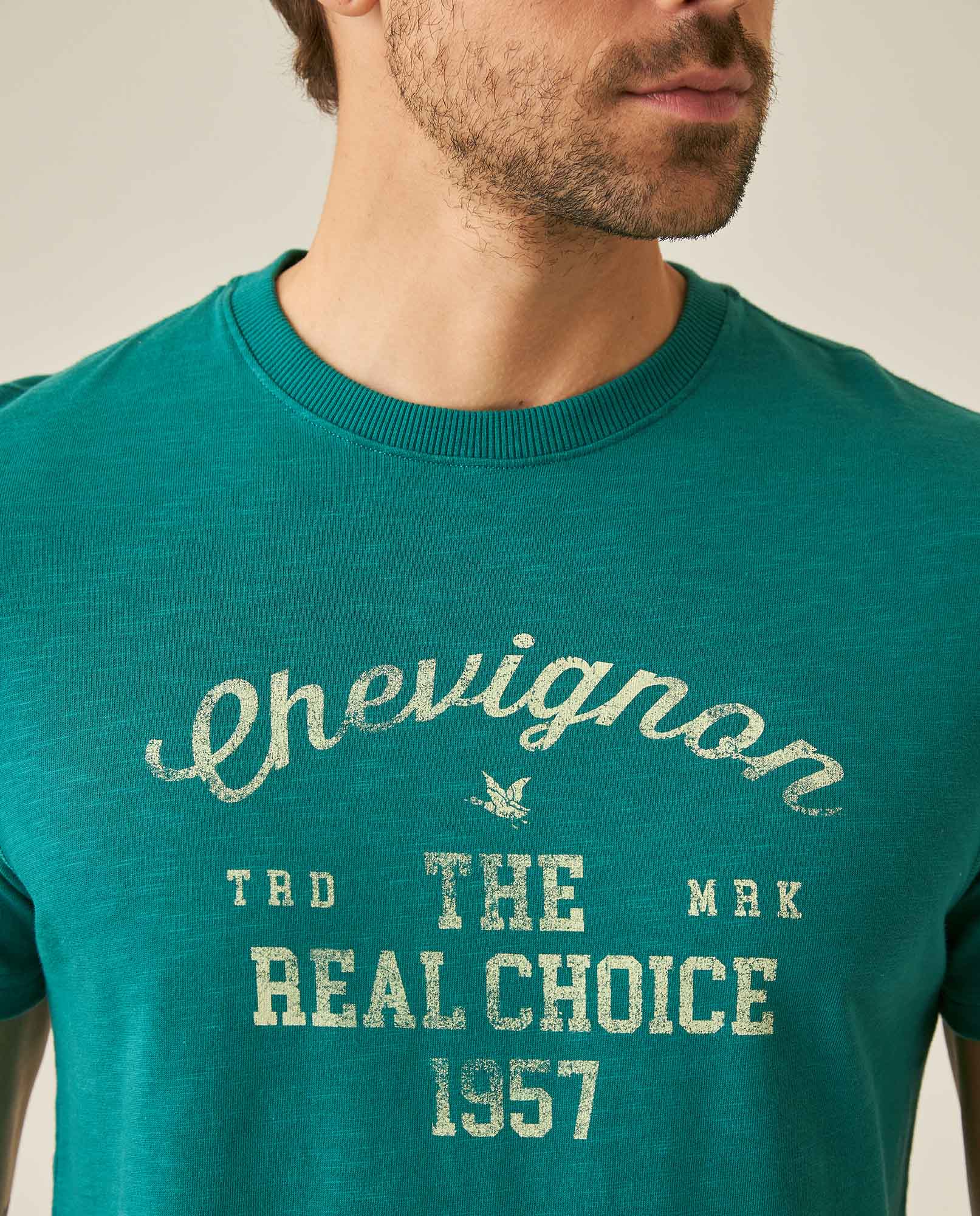 Men's T-Shirt Slim Fit Short Sleeve Cotton Subtle Slub Heavy Rib Collar Printed Front Graphic Seam Details - Green