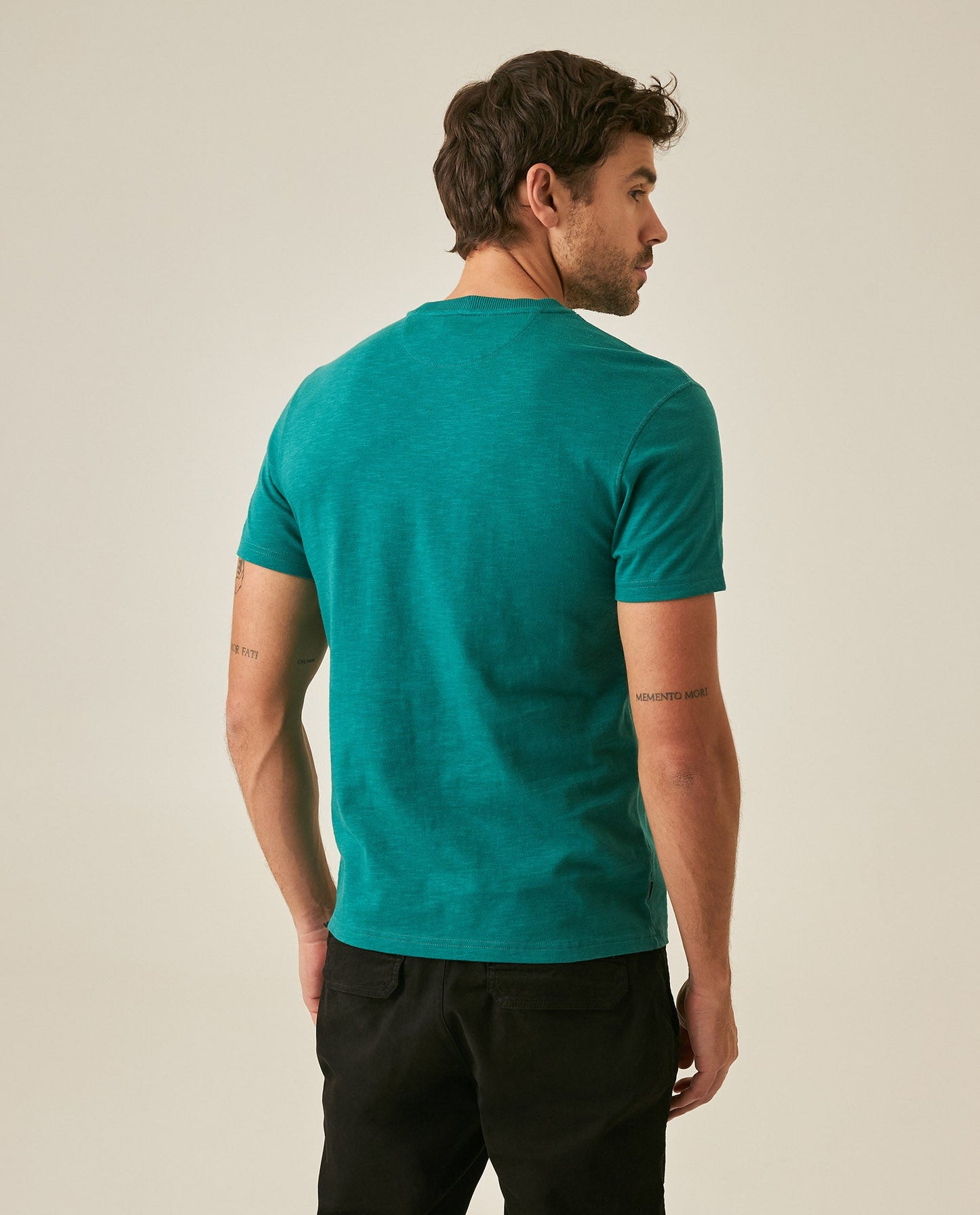 Men's T-Shirt Slim Fit Short Sleeve Cotton Subtle Slub Heavy Rib Collar Printed Front Graphic Seam Details - Green