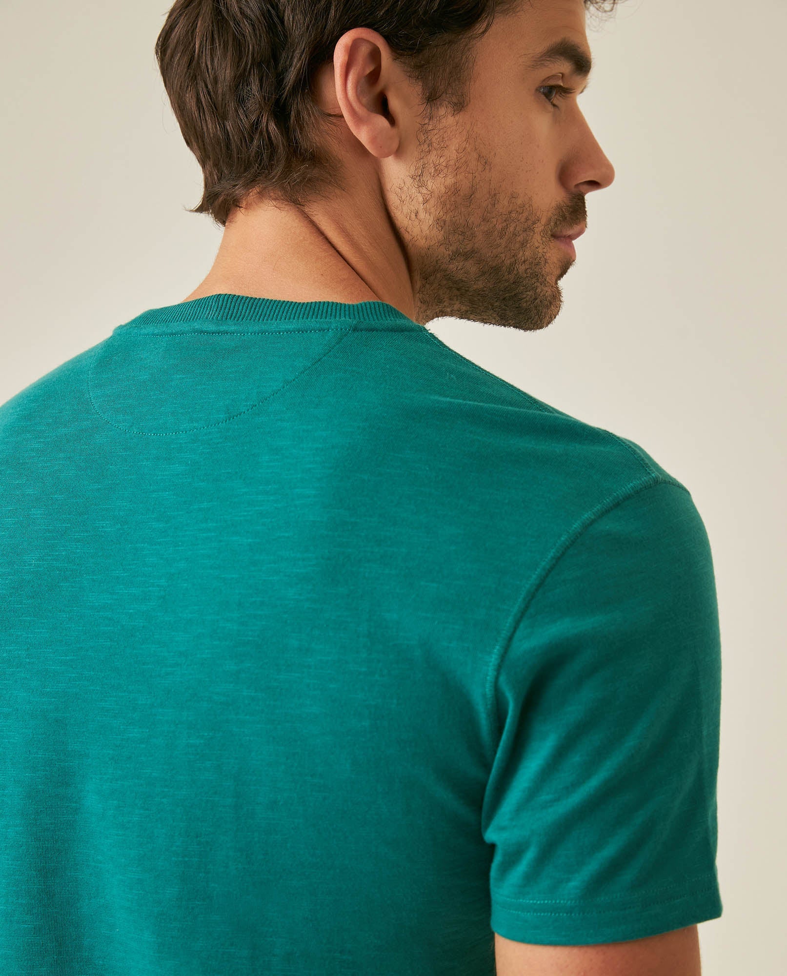 Men's T-Shirt Slim Fit Short Sleeve Cotton Subtle Slub Heavy Rib Collar Printed Front Graphic Seam Details - Green