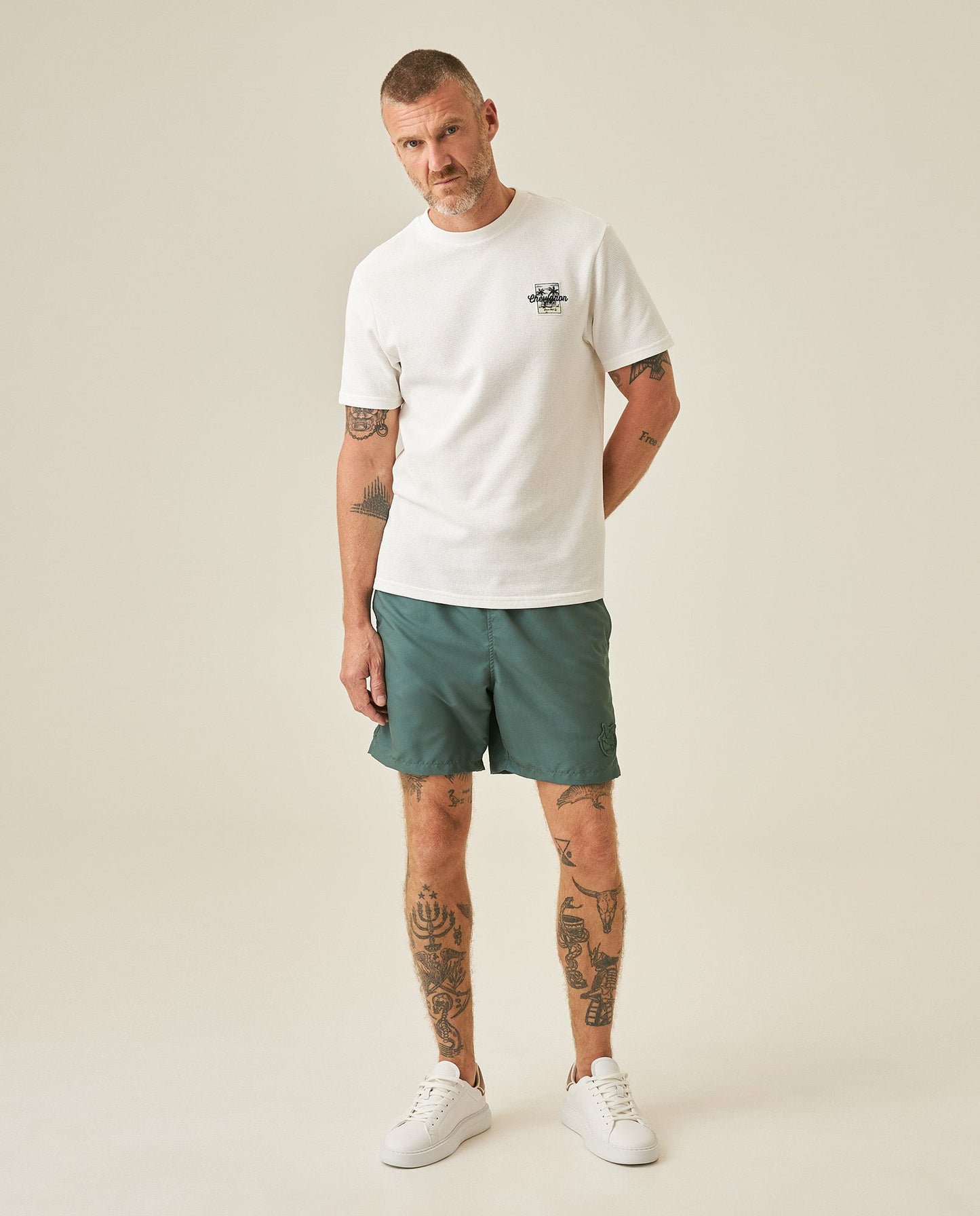 Men's T-Shirt Slim Fit Short Sleeve Cotton Polyester Waffle Texture Chest Embroidery Overlay Label - Raw