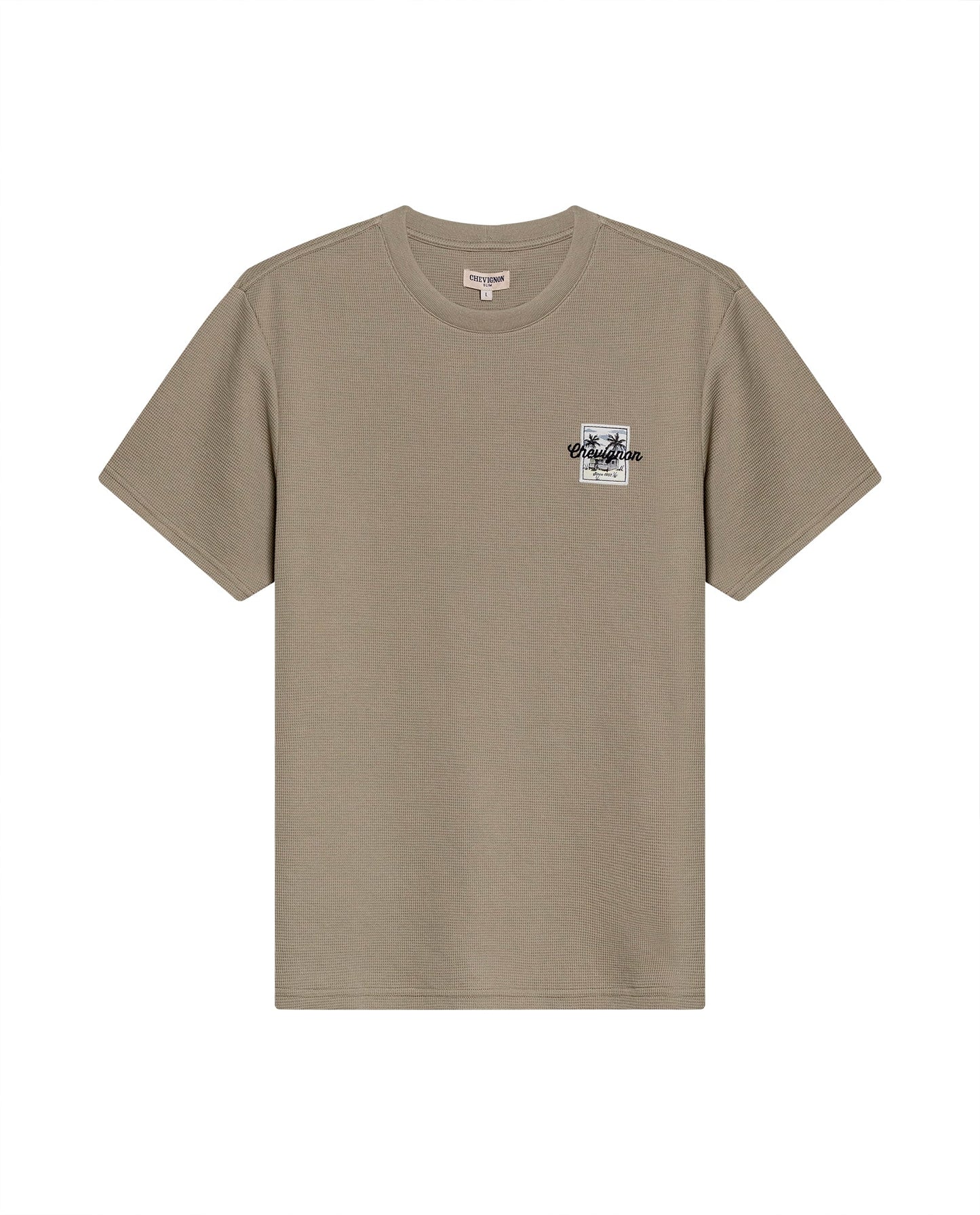 Men's T-Shirt Slim Fit Short Sleeve Cotton Polyester Waffle Texture Chest Embroidery Overlay Label - Green