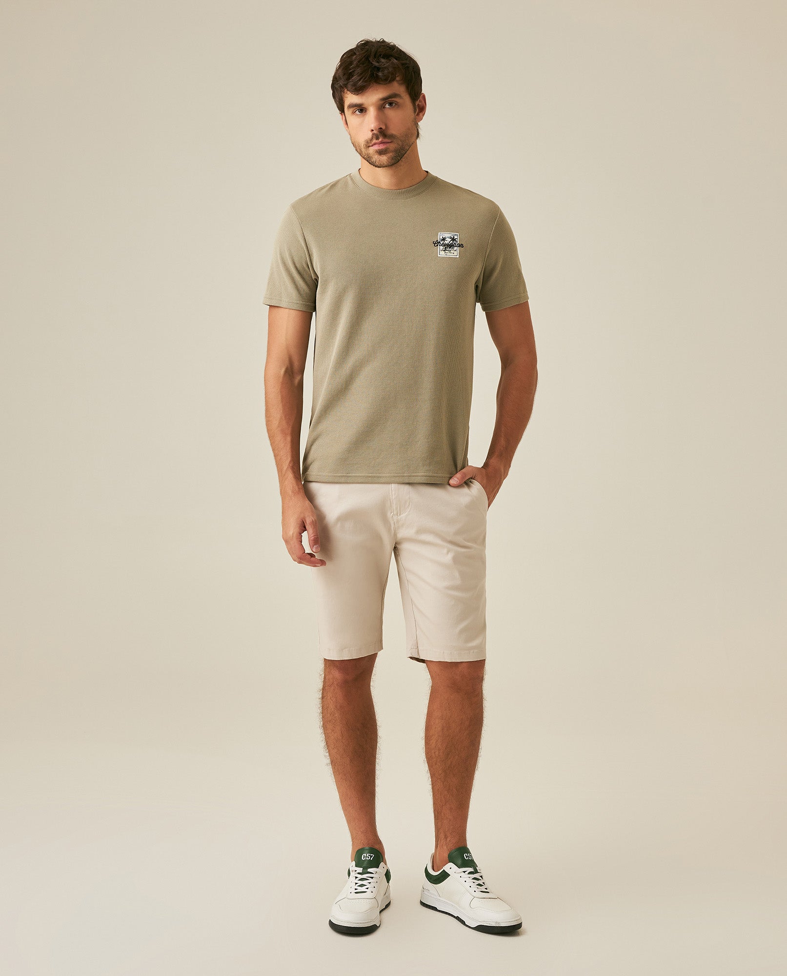 Men's T-Shirt Slim Fit Short Sleeve Cotton Polyester Waffle Texture Chest Embroidery Overlay Label - Green