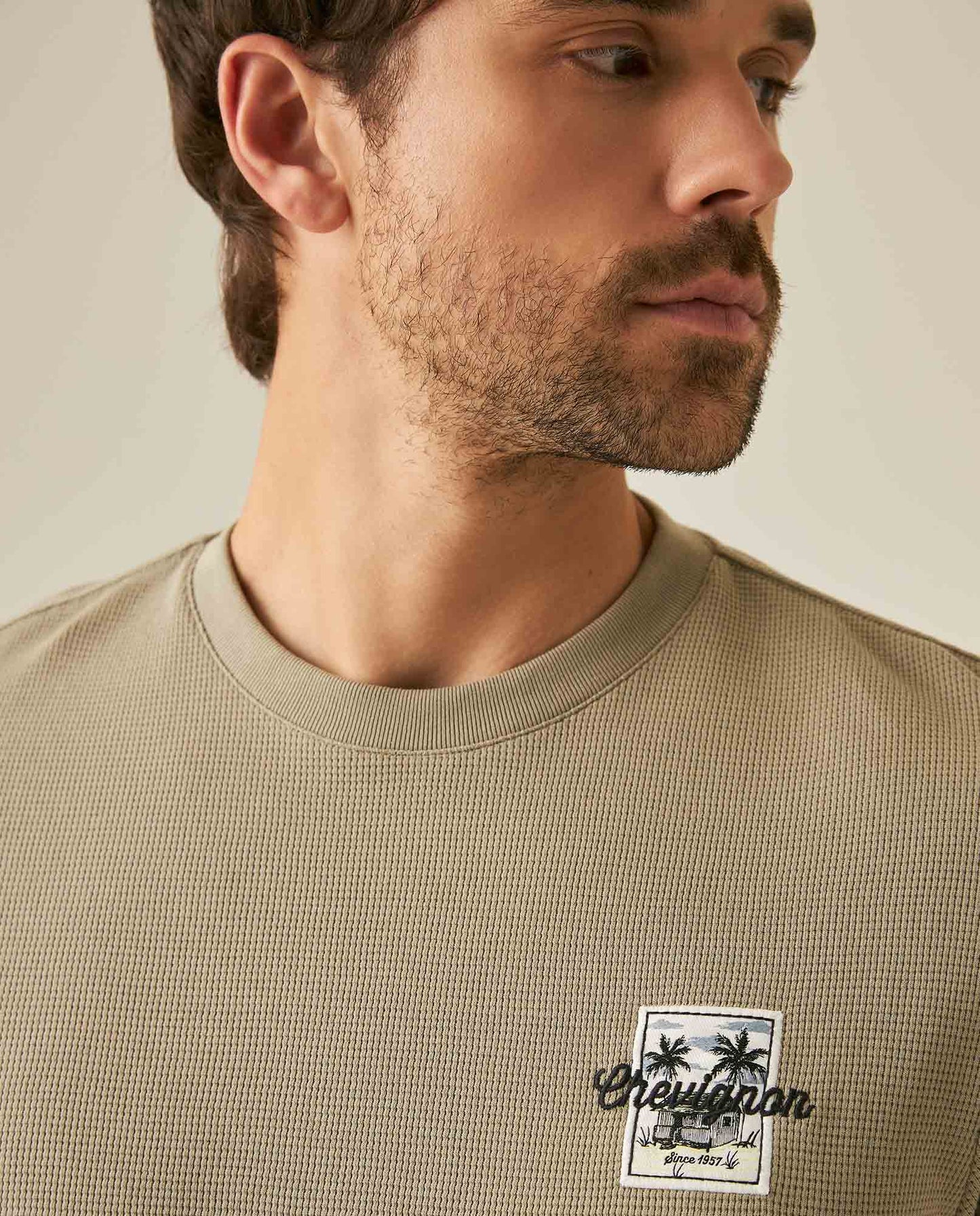 Men's T-Shirt Slim Fit Short Sleeve Cotton Polyester Waffle Texture Chest Embroidery Overlay Label - Green