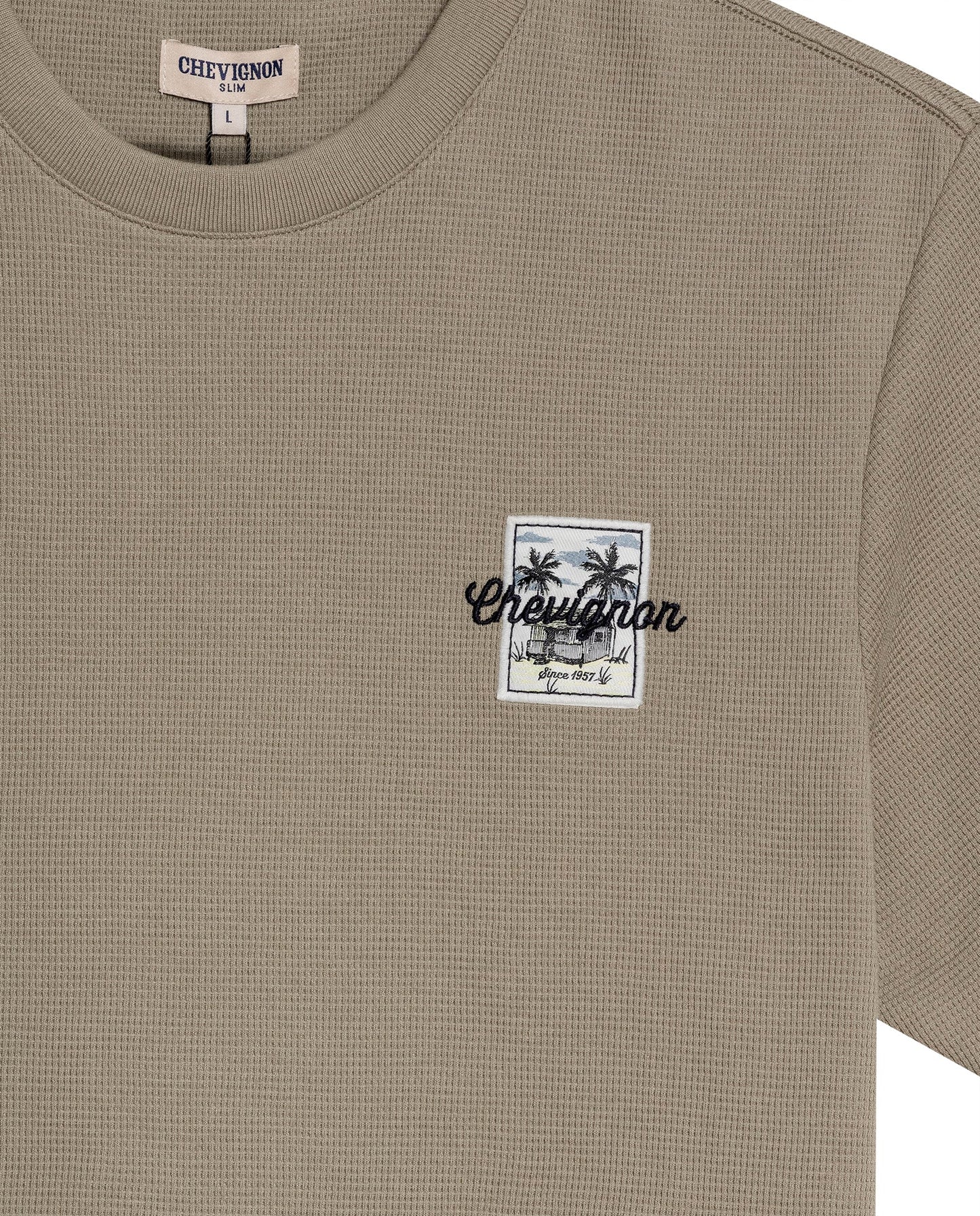 Men's T-Shirt Slim Fit Short Sleeve Cotton Polyester Waffle Texture Chest Embroidery Overlay Label - Green