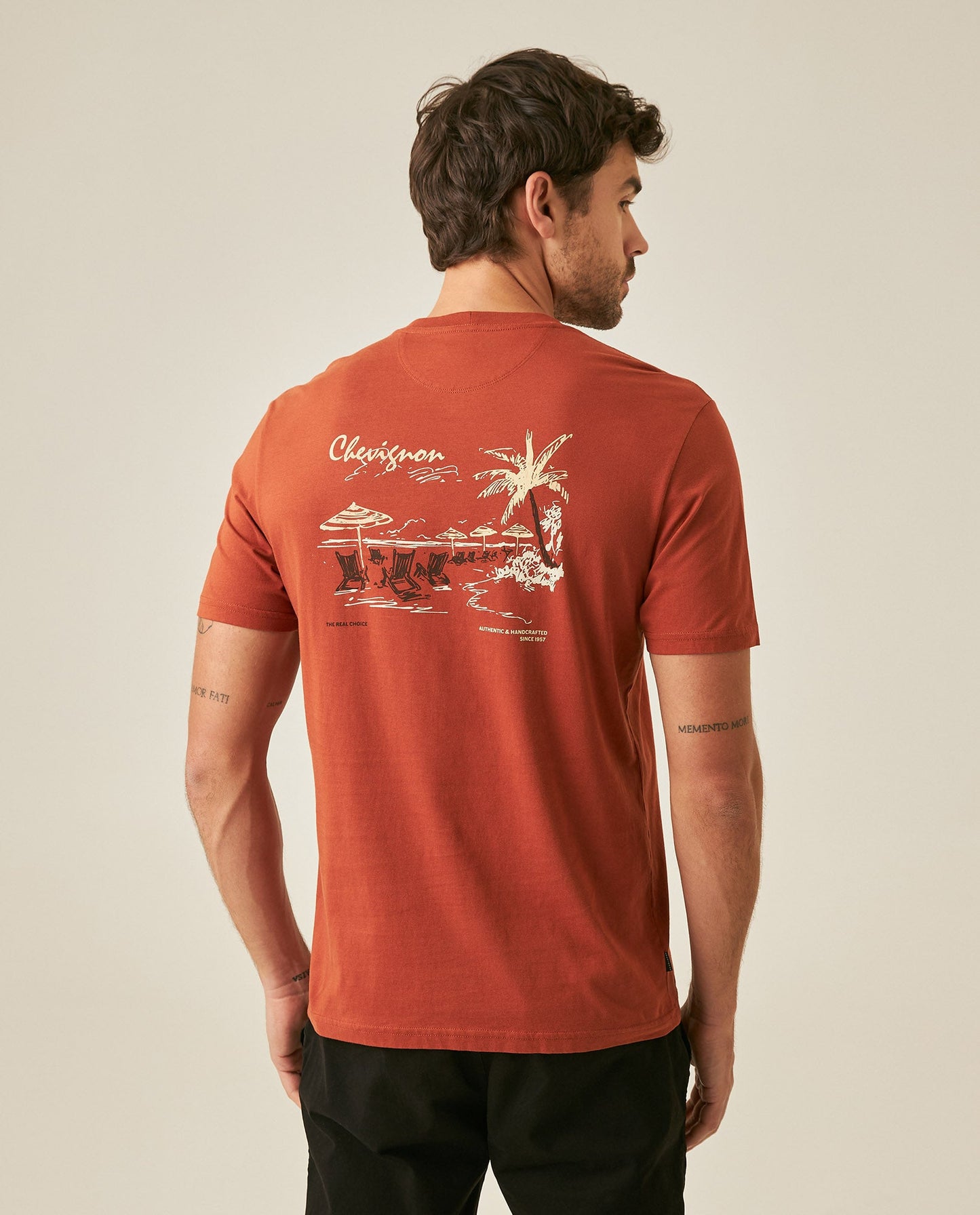 Men's T-Shirt Slim Fit Short Sleeve Cotton Jersey Medium Weight Front Graphic Back Superprint - Brown