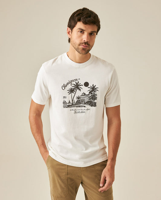 Men's T-Shirt Classic Fit Short Sleeve Cotton Jersey Medium Weight Heavy Rib Collar Mixed Front Graphics - Raw