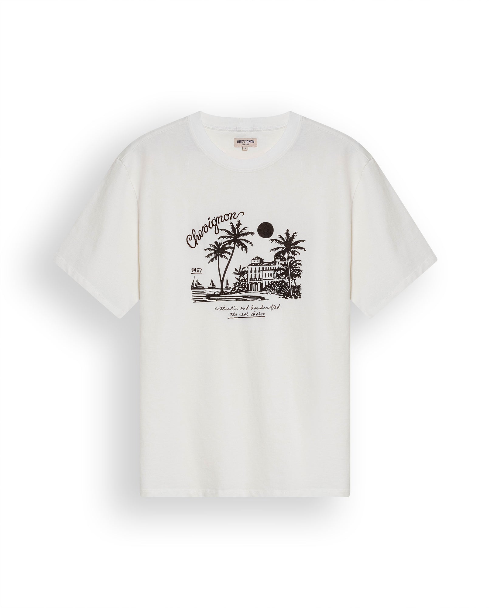 Men's T-Shirt Classic Fit Short Sleeve Cotton Jersey Medium Weight Heavy Rib Collar Mixed Front Graphics - Raw