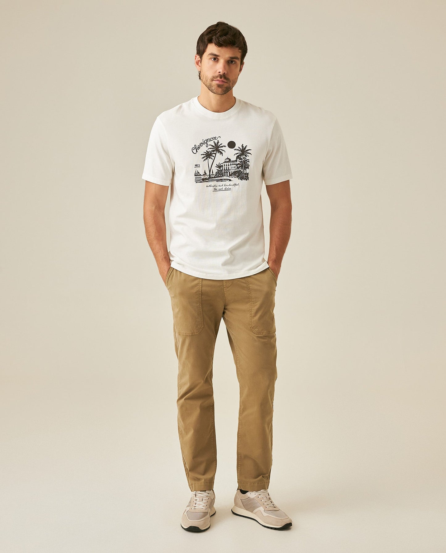 Men's T-Shirt Classic Fit Short Sleeve Cotton Jersey Medium Weight Heavy Rib Collar Mixed Front Graphics - Raw