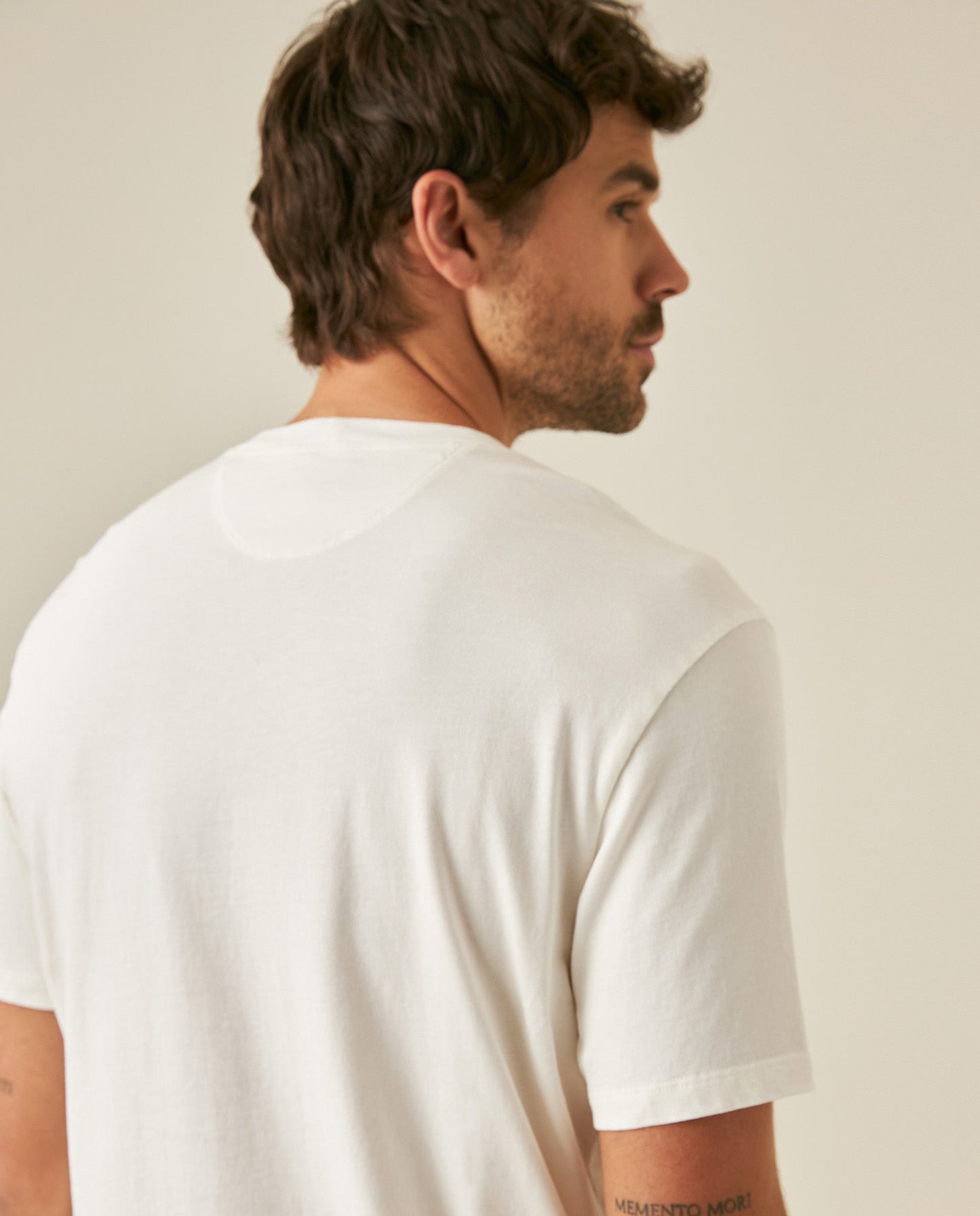 Men's T-Shirt Classic Fit Short Sleeve Cotton Jersey Medium Weight Heavy Rib Collar Mixed Front Graphics - Raw