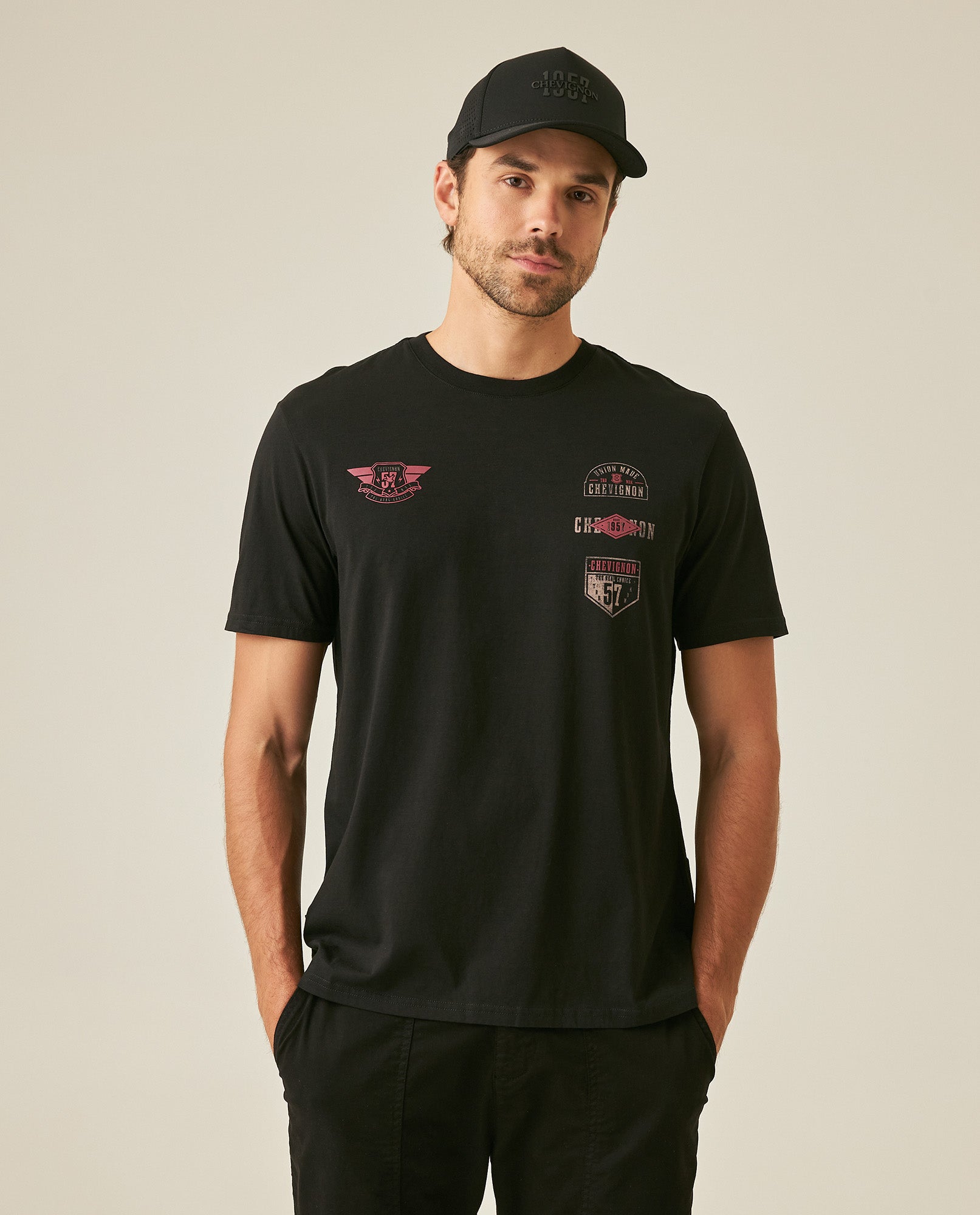 Men's T-Shirt Classic Fit Short Sleeve Cotton Jersey Normalized Patch-Style Graphics - Black