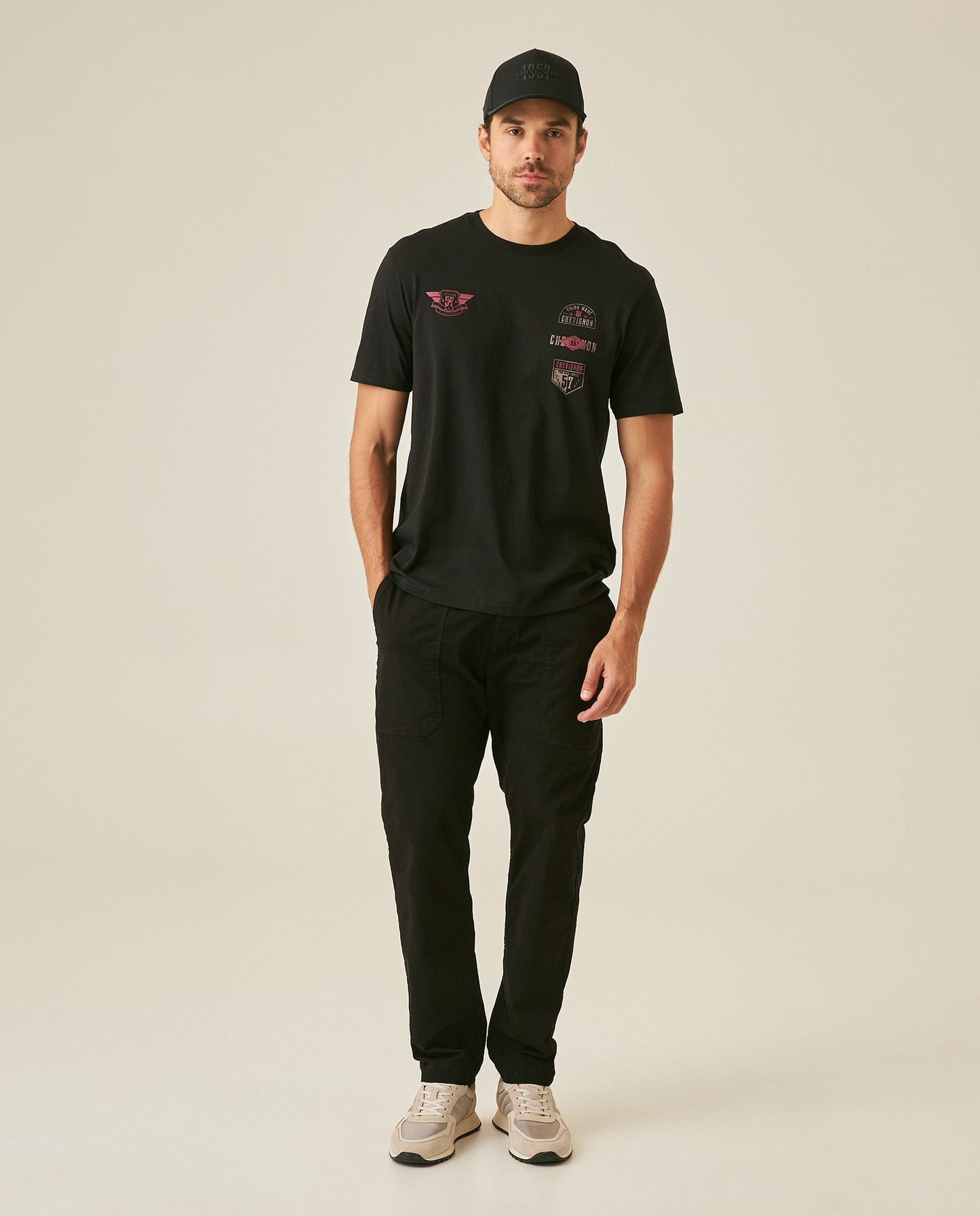 Men's T-Shirt Classic Fit Short Sleeve Cotton Jersey Normalized Patch-Style Graphics - Black