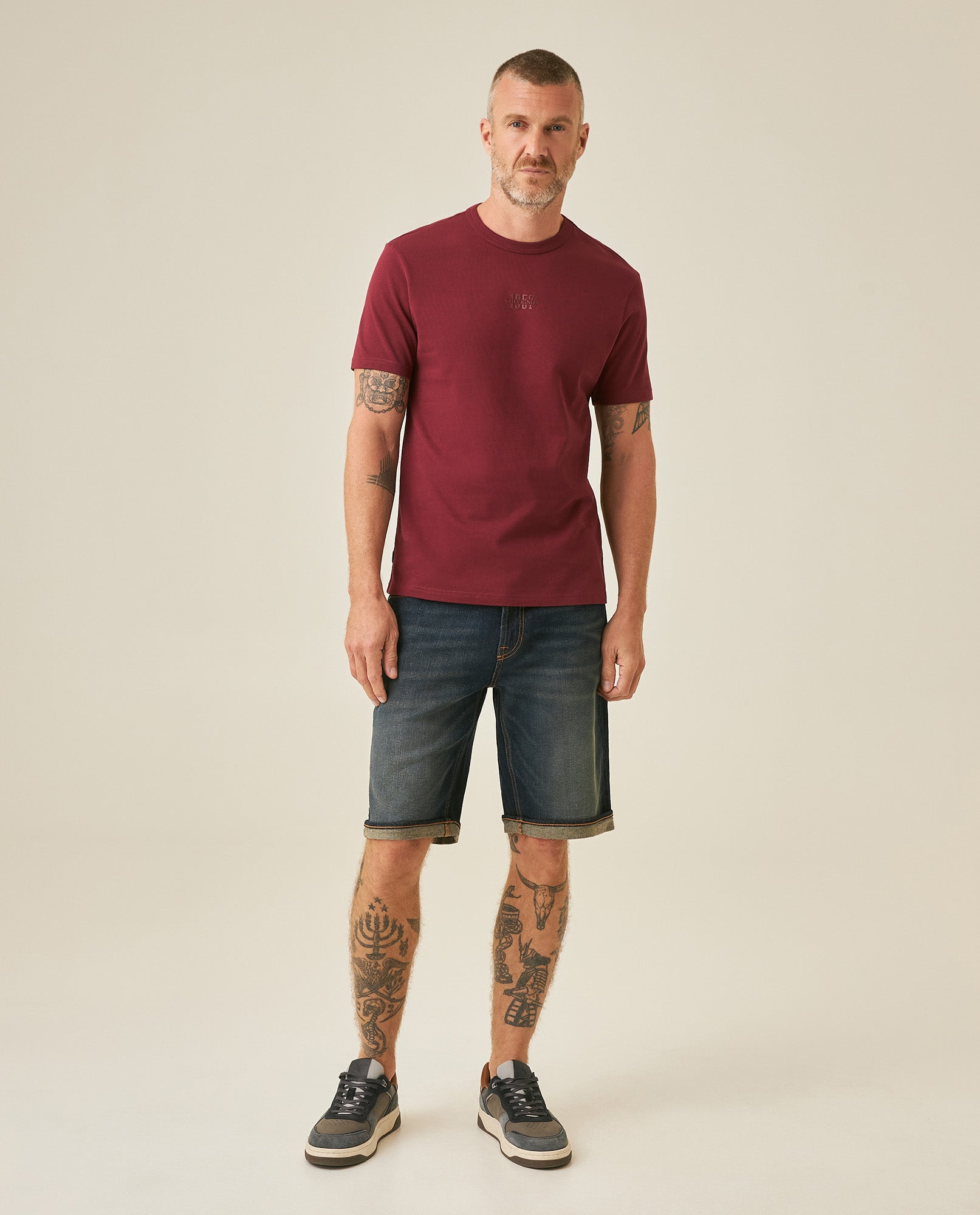 Men's T-Shirt Slim Fit Short Sleeve Cotton Jersey Heavy Mini Central High Density Graphic - Red
