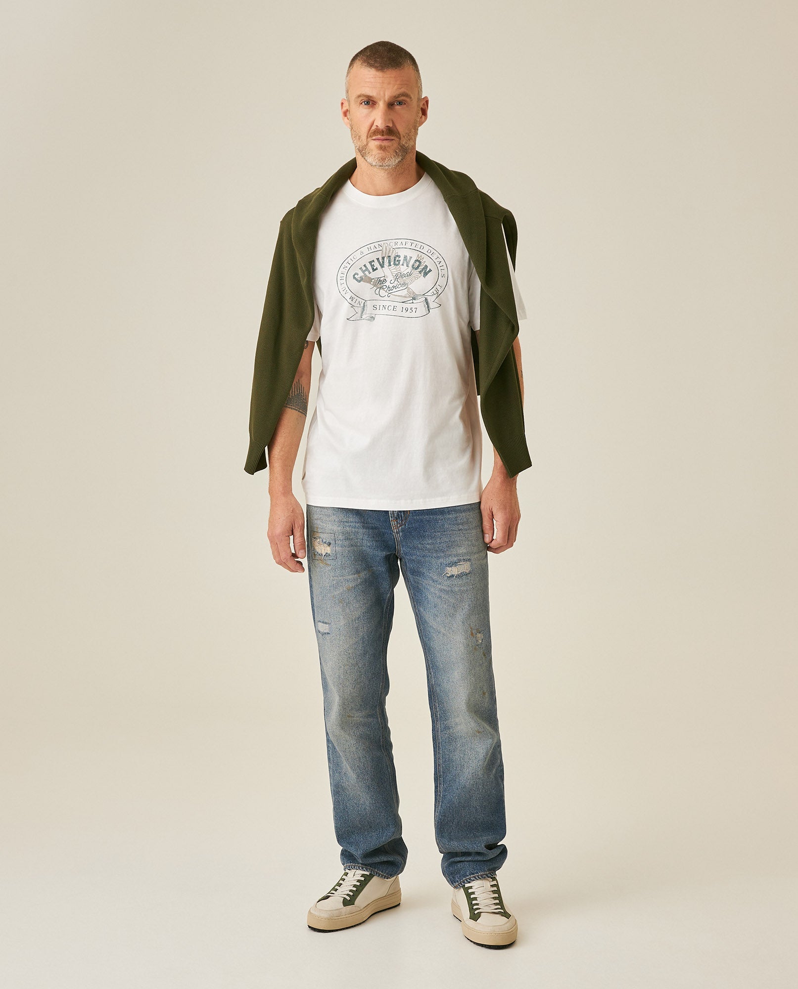 Men's T-Shirt Slim Fit Short Sleeve Cotton Jersey Medium Weight Front Localized Graphic - Raw