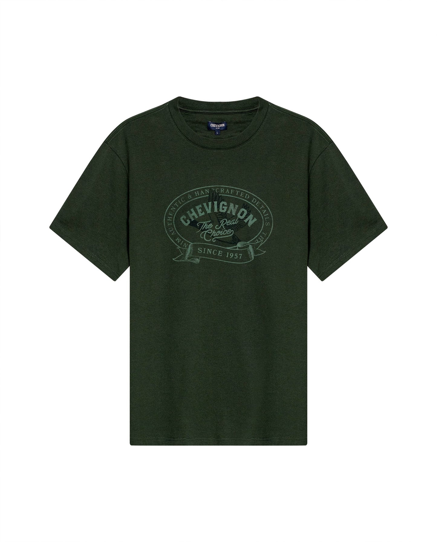 Men's T-Shirt Slim Fit Short Sleeve Cotton Jersey Medium Weight Front Localized Graphic - Green
