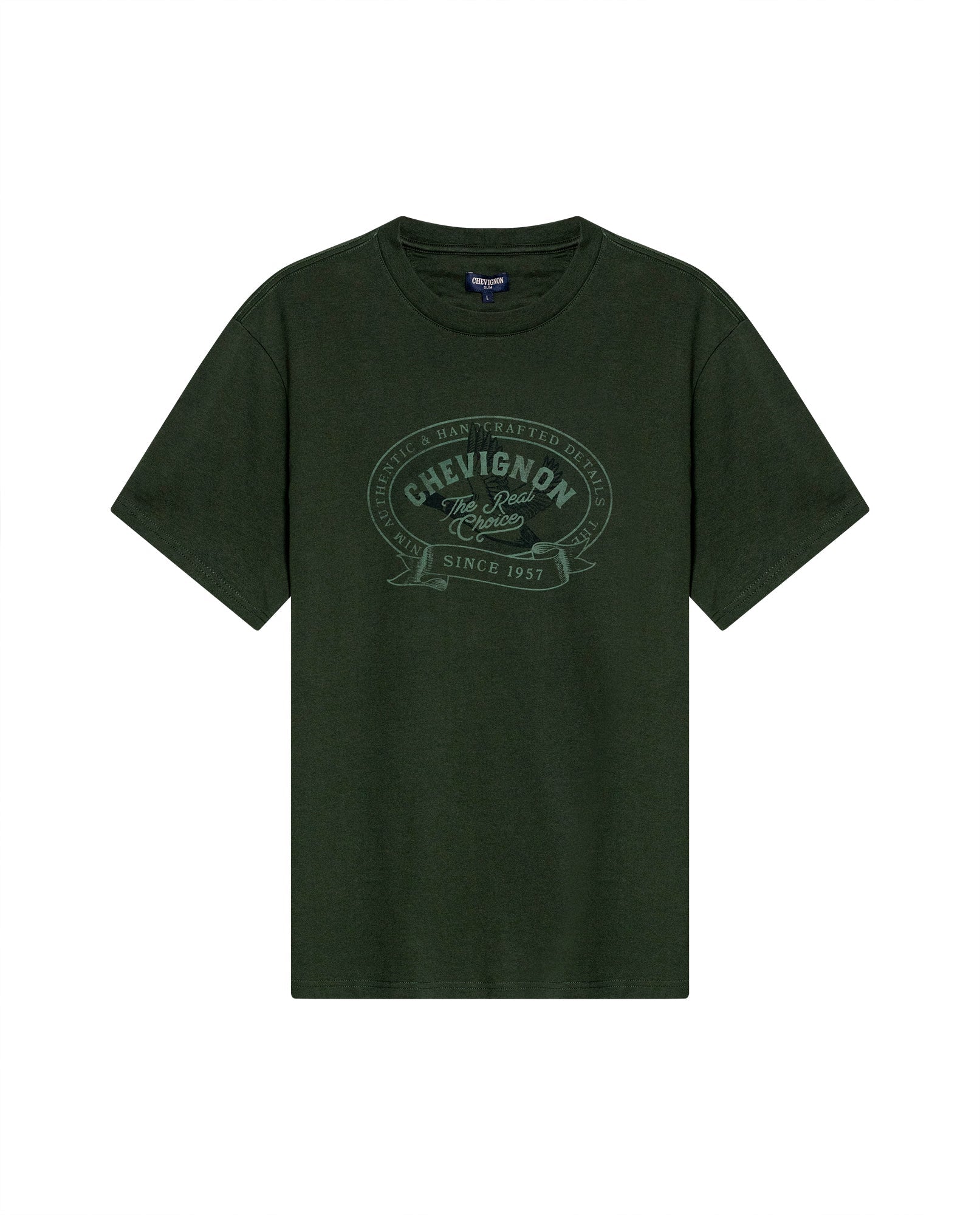 Men's T-Shirt Slim Fit Short Sleeve Cotton Jersey Medium Weight Front Localized Graphic - Green