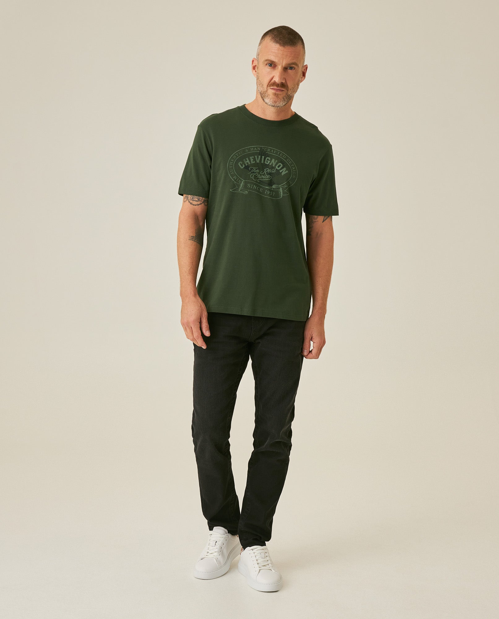 Men's T-Shirt Slim Fit Short Sleeve Cotton Jersey Medium Weight Front Localized Graphic - Green