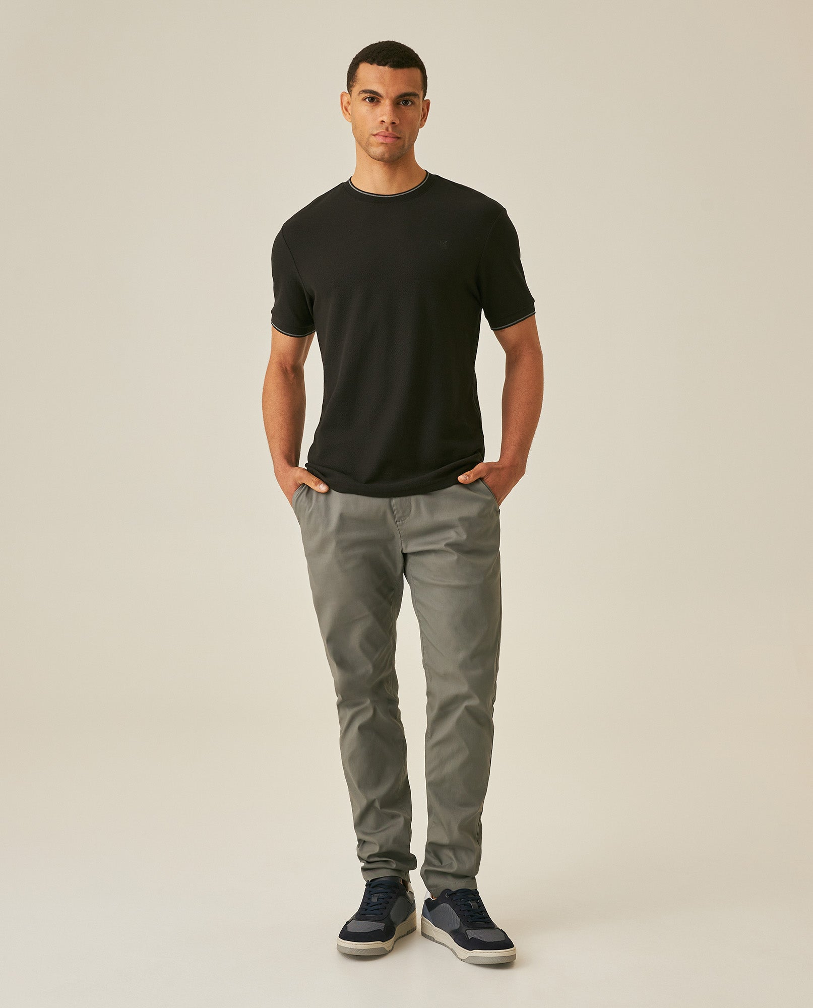 Men's T-Shirt Slim Fit Short Sleeve Cotton Honeycomb Effect Knit Collar Cuffs Refined Structure - Black