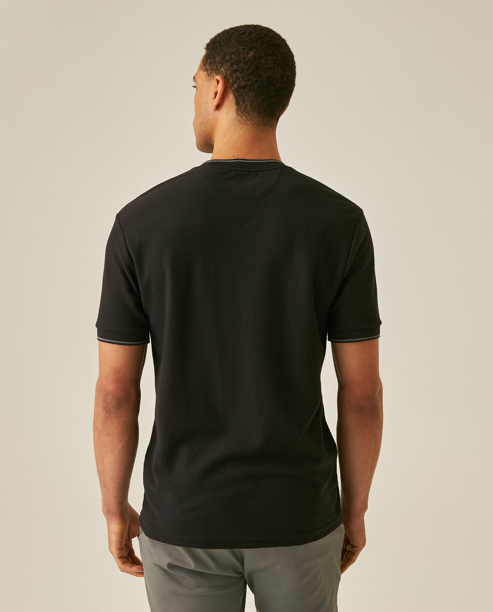 Men's T-Shirt Slim Fit Short Sleeve Cotton Honeycomb Effect Knit Collar Cuffs Refined Structure - Black