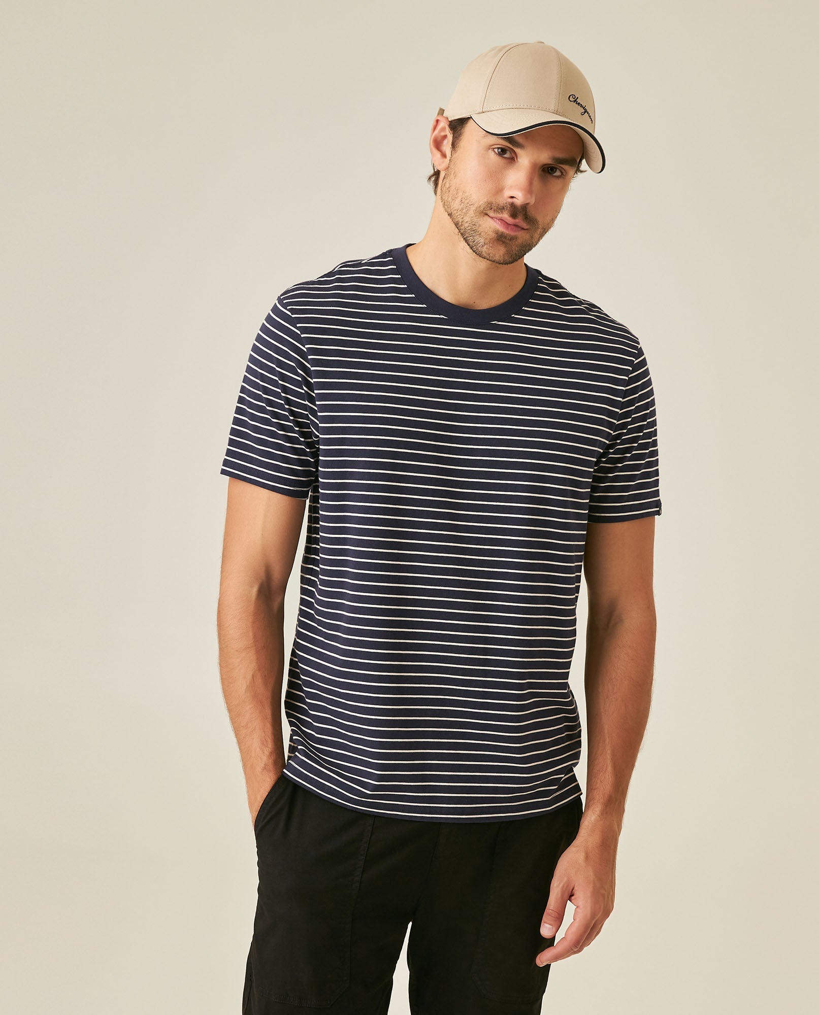 Men's T-Shirt Slim Fit Short Sleeve Cotton Elastane Stripe Fabric Flag Label Side Sleeve Nautical - Blue