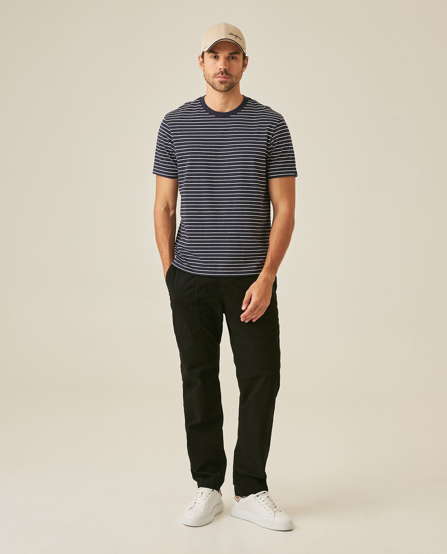 Men's T-Shirt Slim Fit Short Sleeve Cotton Elastane Stripe Fabric Flag Label Side Sleeve Nautical - Blue