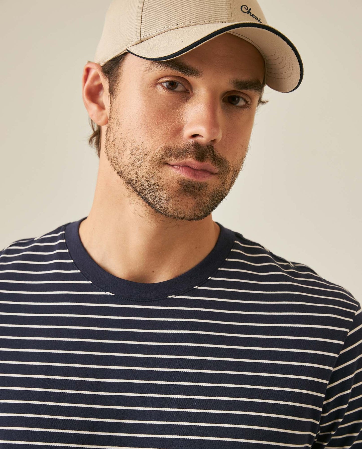 Men's T-Shirt Slim Fit Short Sleeve Cotton Elastane Stripe Fabric Flag Label Side Sleeve Nautical - Blue