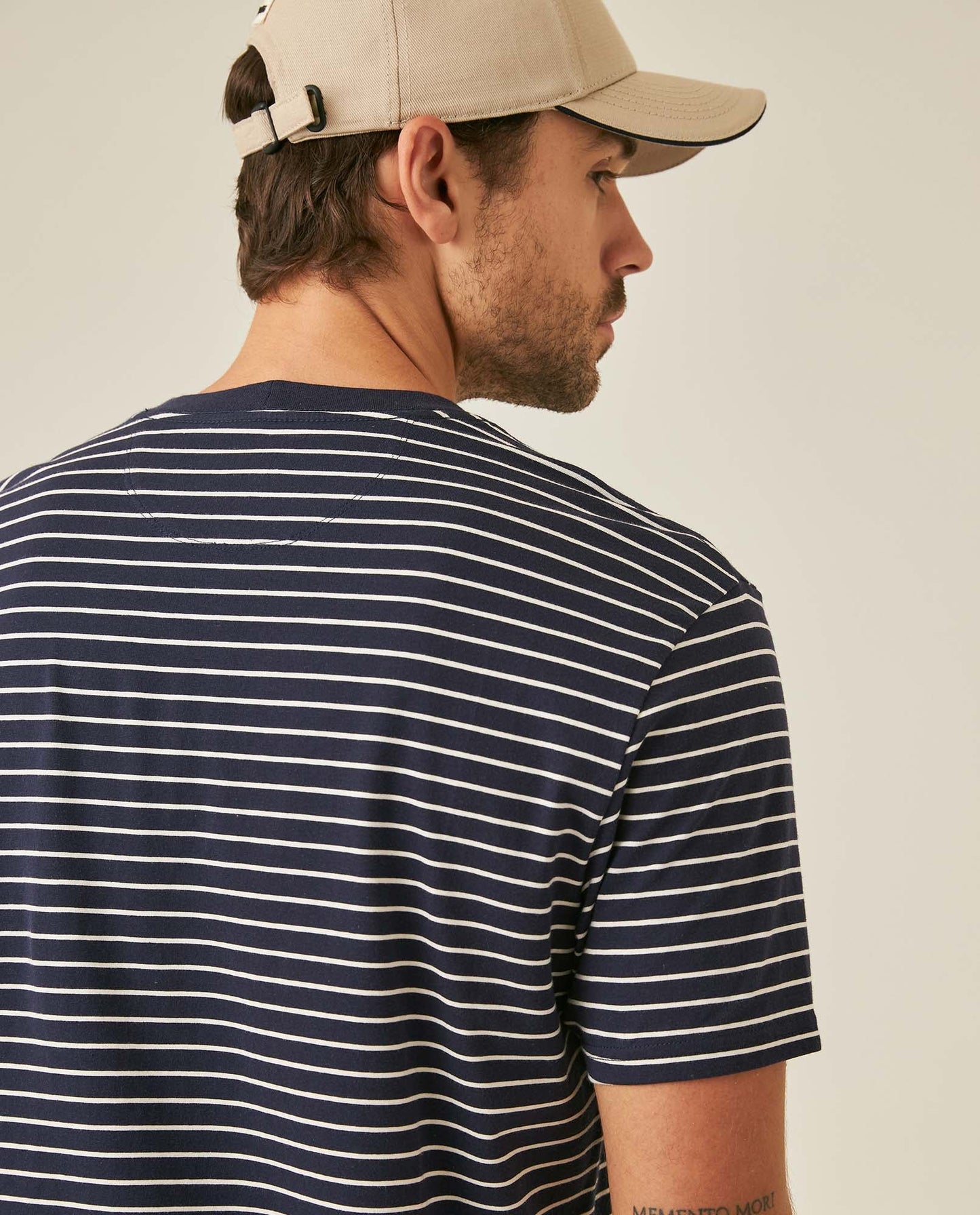 Men's T-Shirt Slim Fit Short Sleeve Cotton Elastane Stripe Fabric Flag Label Side Sleeve Nautical - Blue